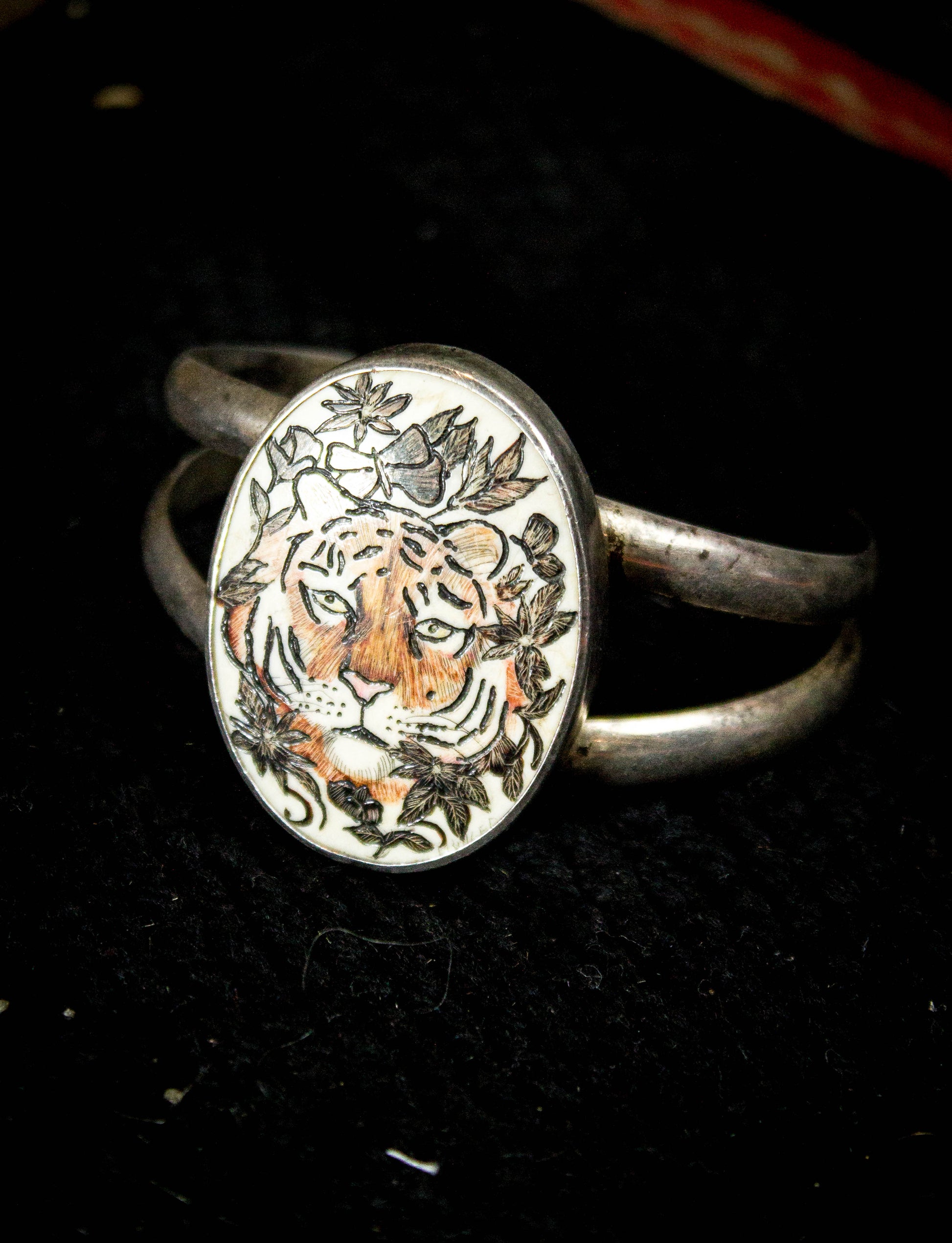 Vintage Carved & Painted Tiger Cuff Bracelet