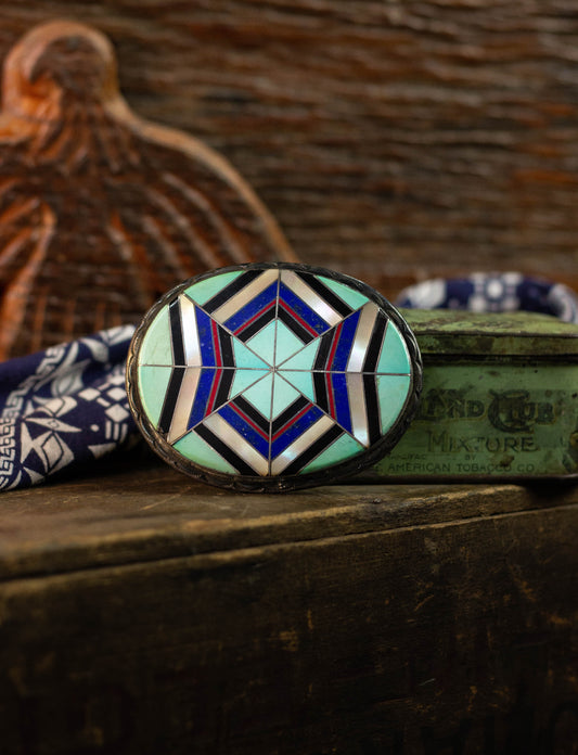 Vintage Zuni Inlay Sterling Silver Turquoise and Mother of Pearl Multicolor Oval Belt Buckle