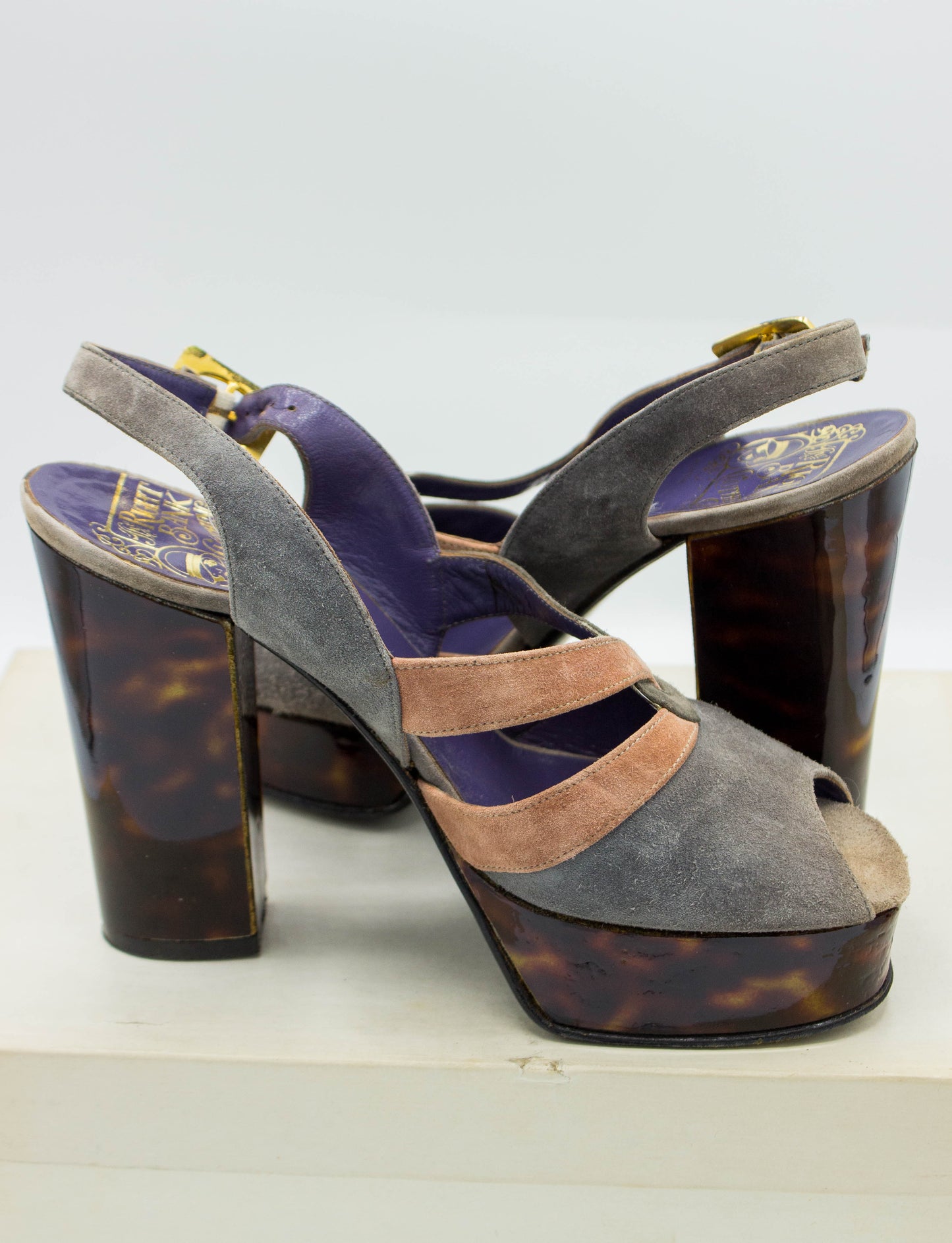 Vintage 1971 The Right Bank Clothing Co Rio Rose Grey Suede and Tortoise Strapped Heels Size 6