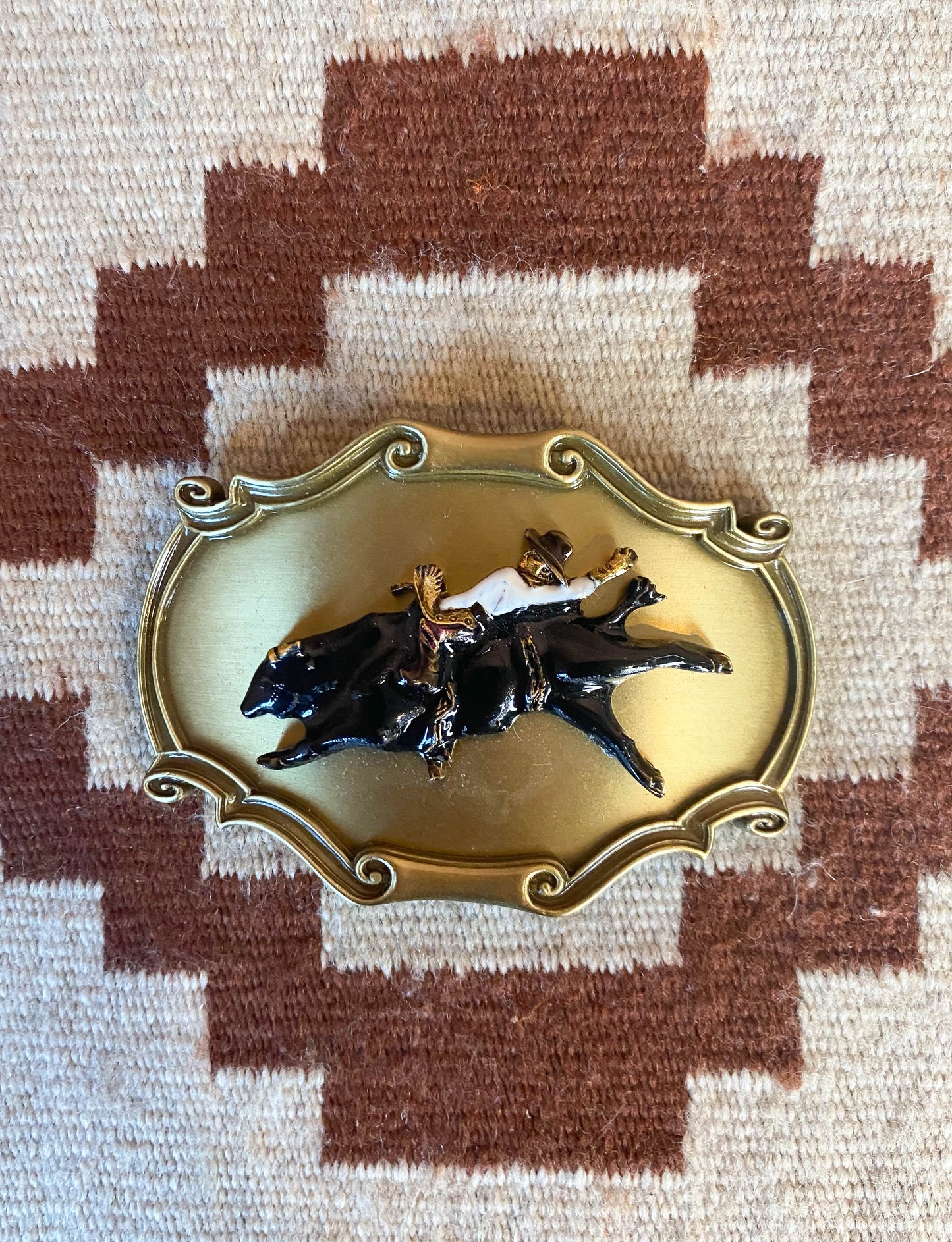 Vintage 1978 Rodeo Belt Buckle Bull Cowboy Gold Brass 3.5" x 2.25"