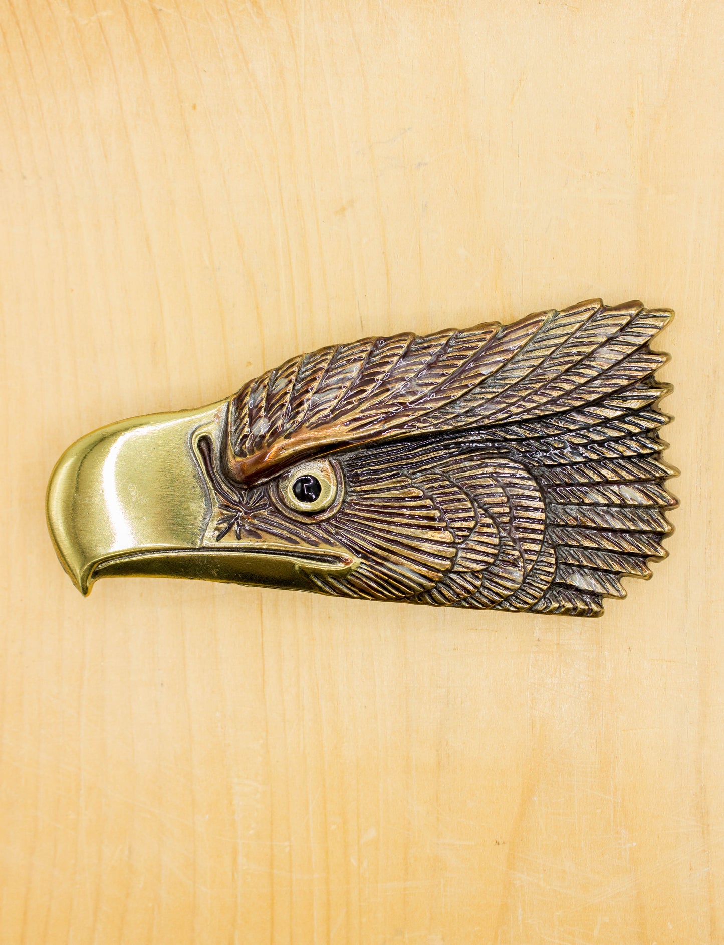 Vintage 1979 Golden Eagle Head Polished Enamel Brass Belt Buckle