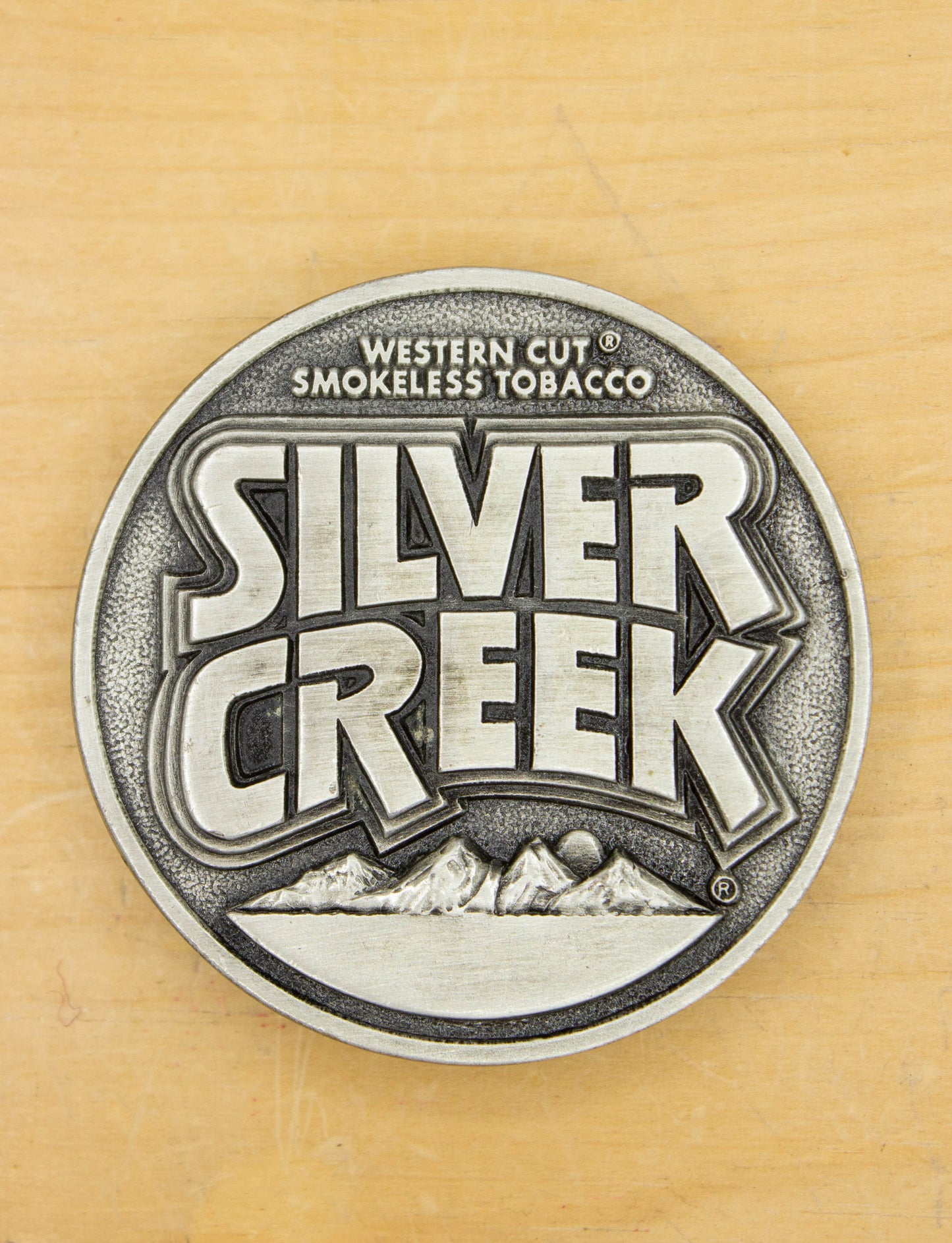 Vintage 1982 Silver Creek Western Cut Smokeless Tobacco Silver Belt Buckle