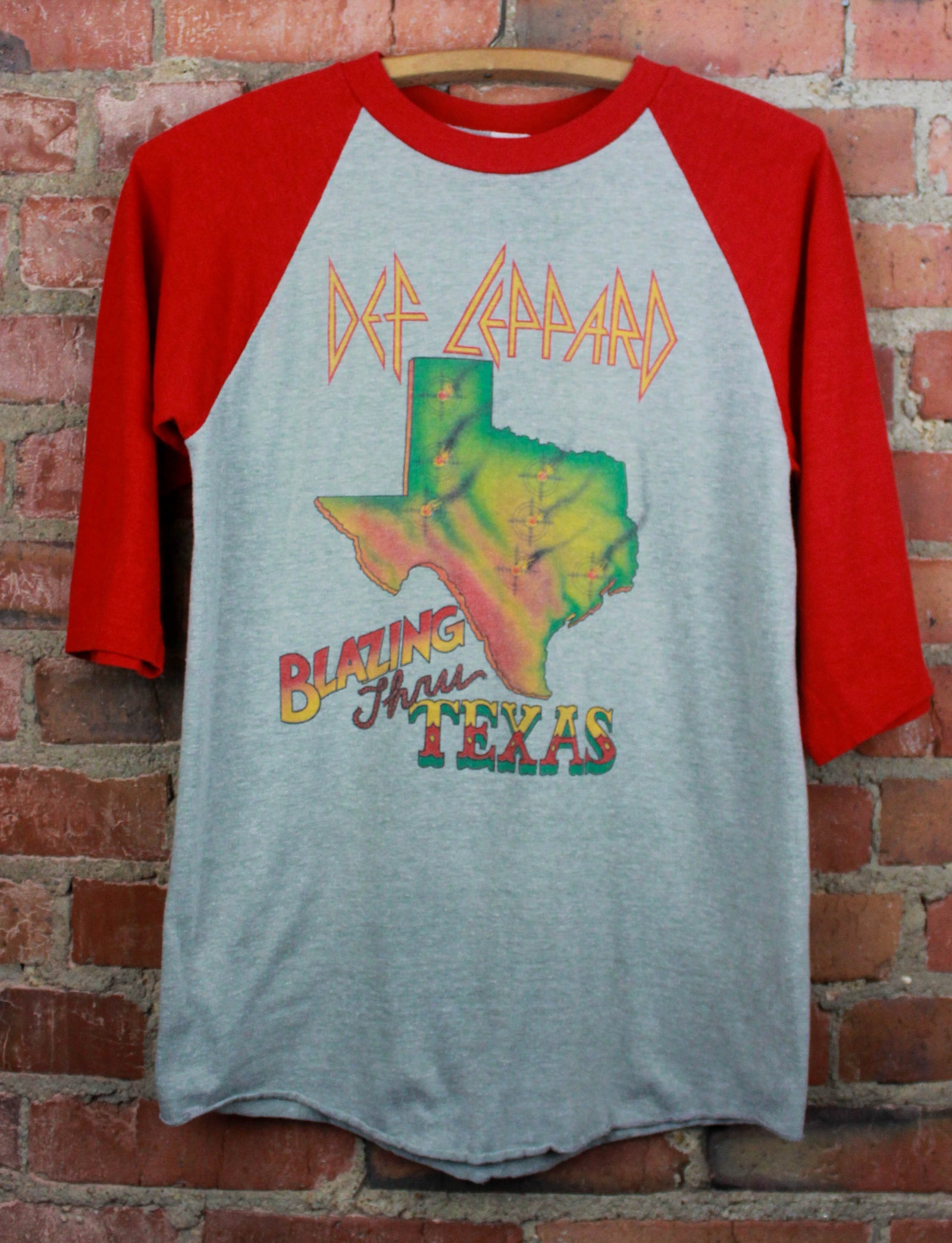 Vintage 1983 Def Leppard Concert T Shirt Raglan Jersey Pyromania Tour Blazing Through Texas Red Grey Unisex Small