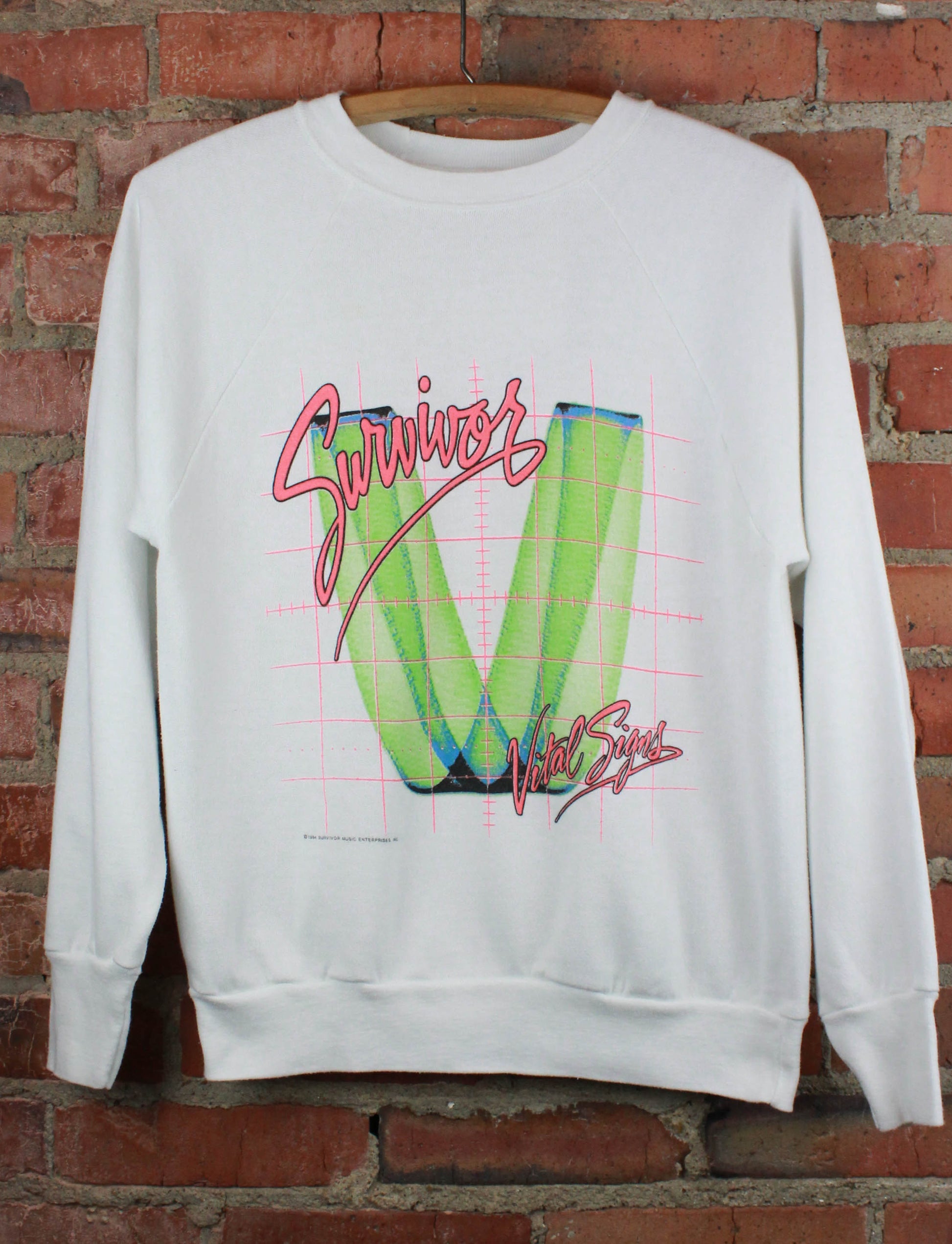 Vintage 1984-85 Survivor Concert Sweatshirt Vital Signs Tour Crew Neck Pullover Neon White Unisex Small/Medium