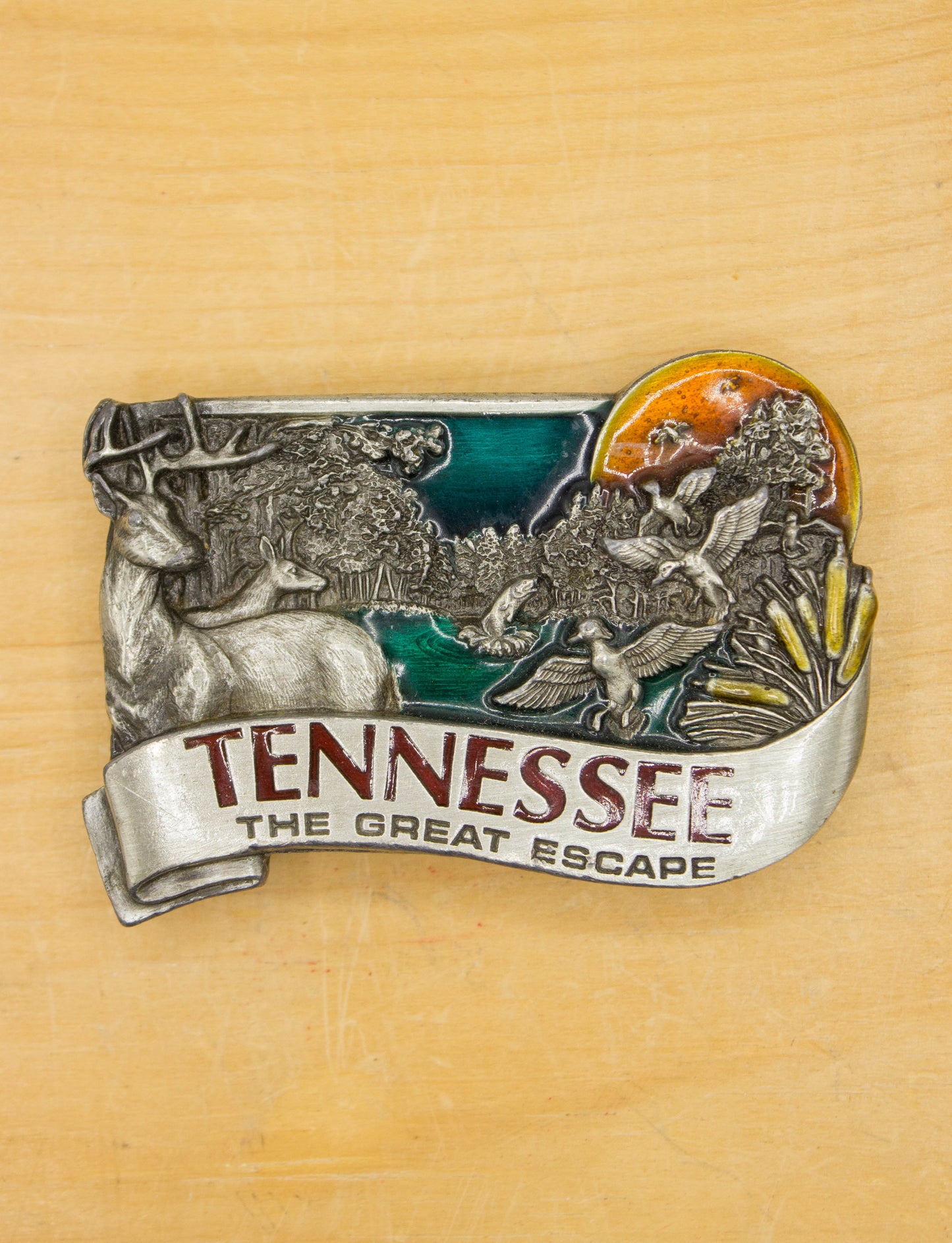 Vintage 1984 Tennessee The Great Escape Silver Enamel Belt Buckle