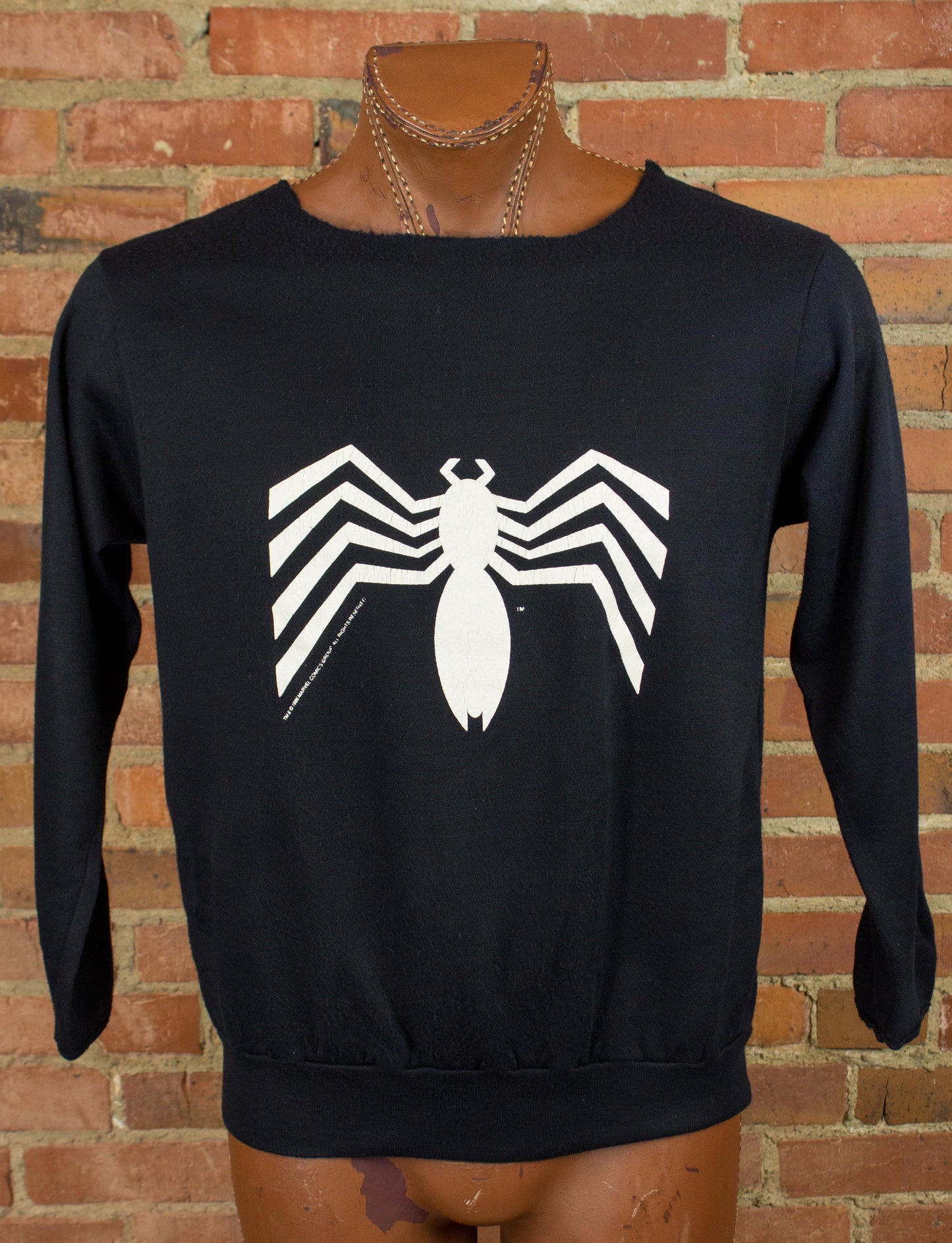 Vintage 1986 Venom Logo Spider-Man Marvel Comics Chopped Black Crewneck Sweatshirt Unisex Medium-Large
