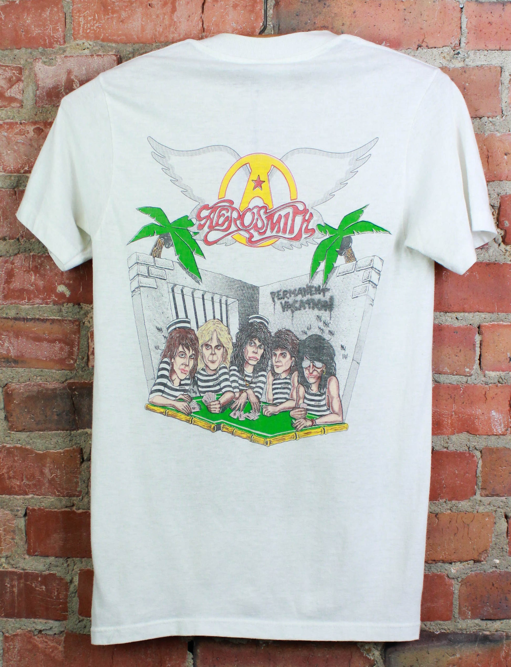 Vintage 1987 Aerosmith Concert T Shirt Permanent Vacation Tour Jail Cell Graphic White Unisex Small/XS