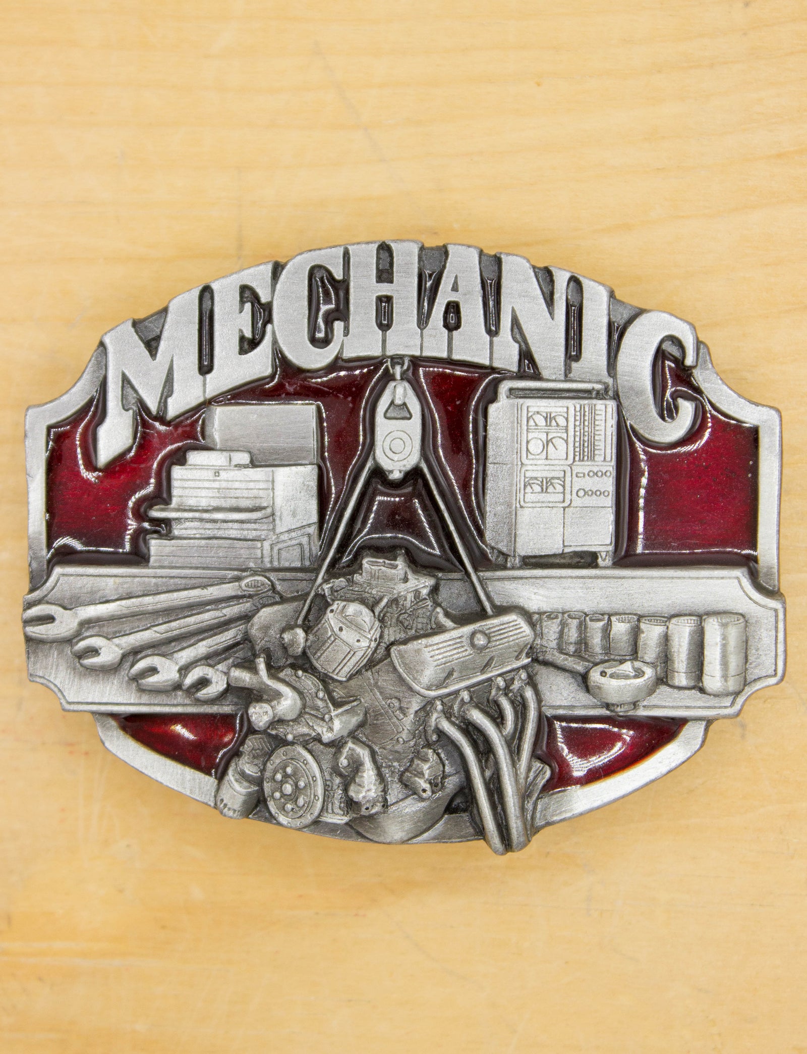 Vintage 1987 Mechanic Red and Silver Enamel Belt Buckle