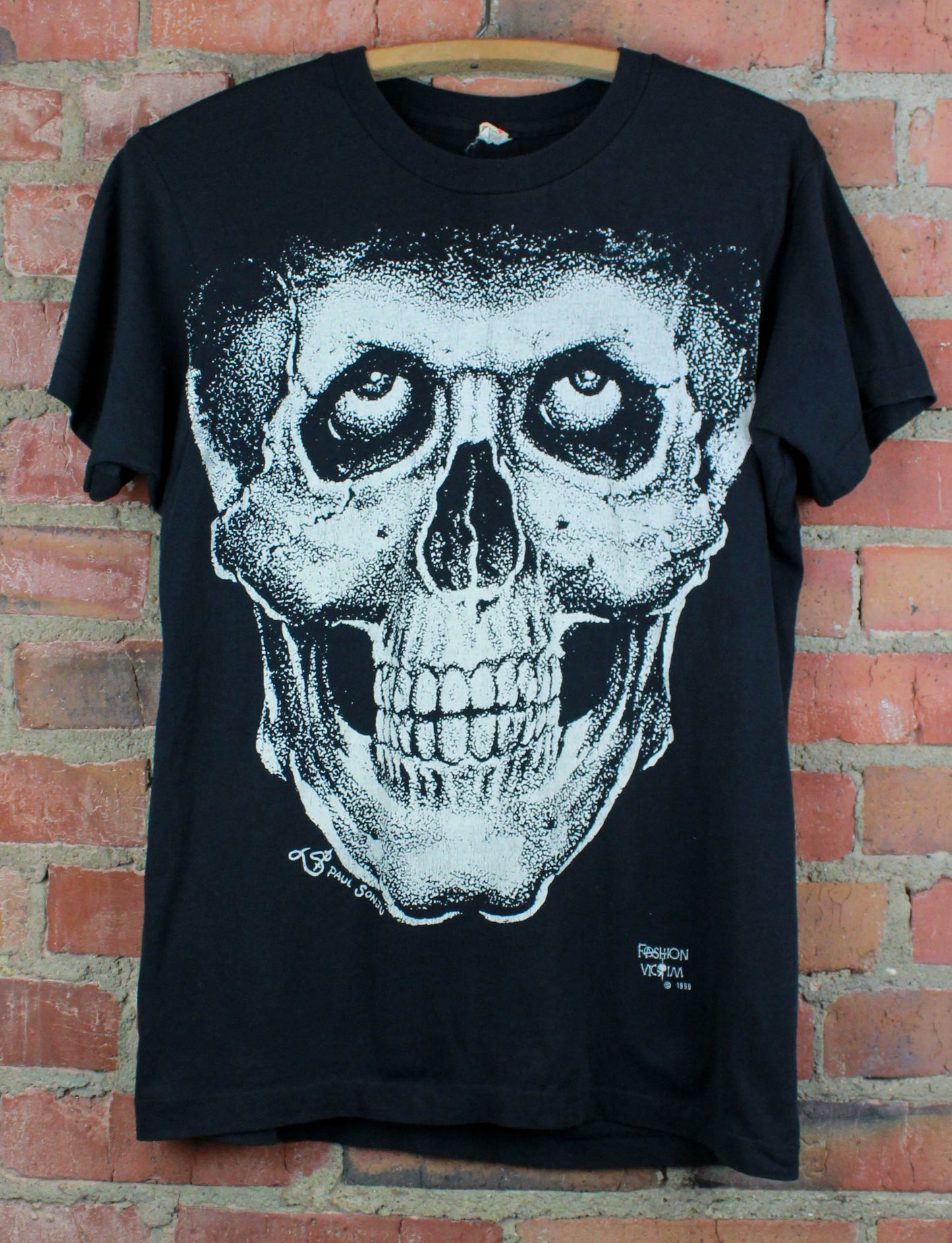 Vintage 1990 Fashion Victim Graphic T Shirt Double Sided Skulls Black Unisex Small/Medium