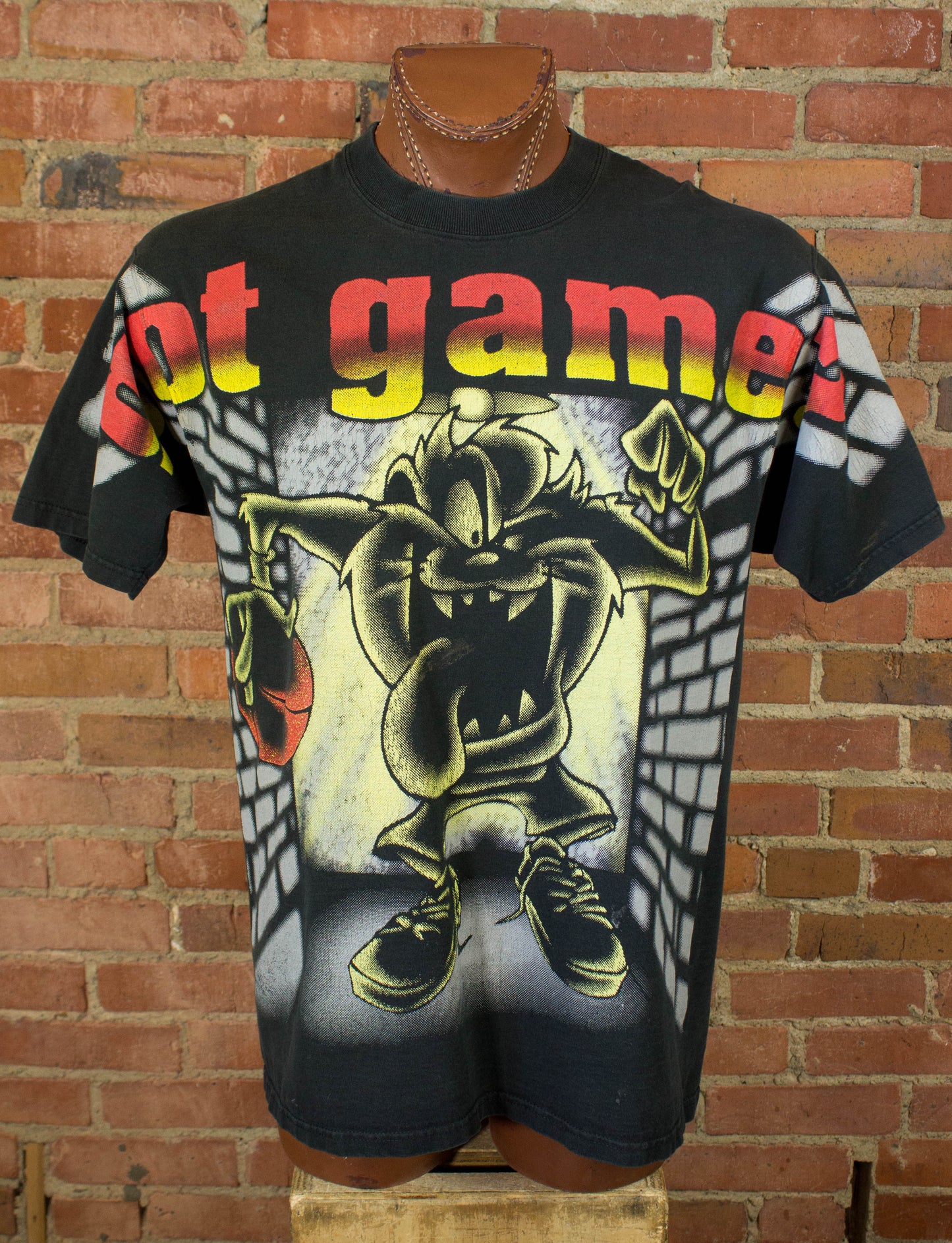 Vintage 1997 Taz Tasmanian Devil Got Game? Black All Over Print Graphic T Shirt Unisex Large-XL