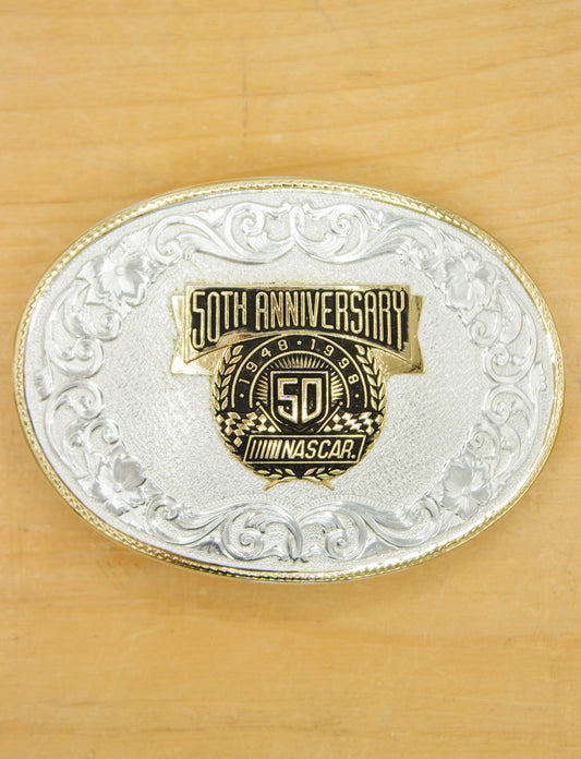 Vintage 1998 NASCAR 50th Anniversary Silver and Gold Ornate Belt Buckle
