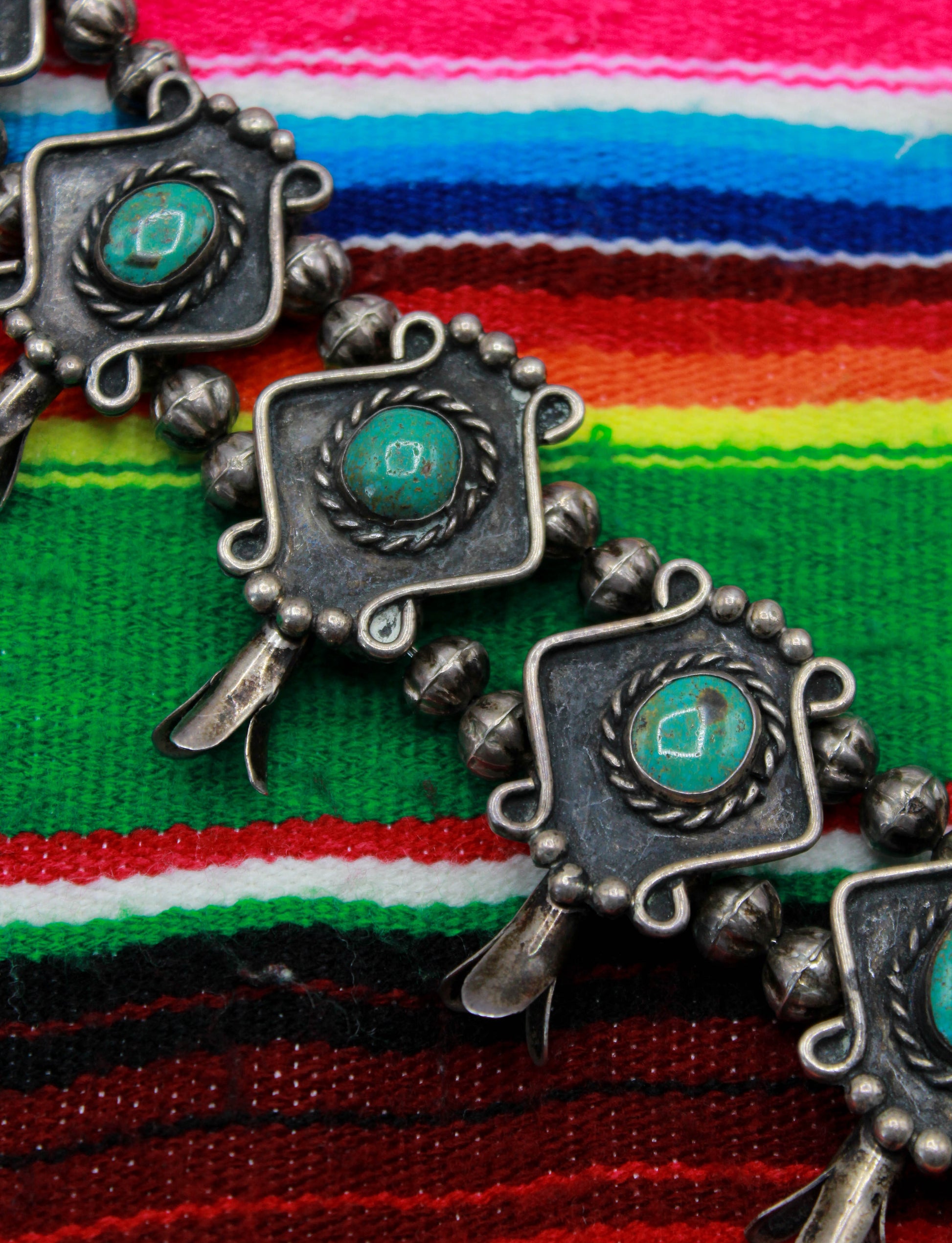 Vintage 40's Navajo Squash Blossom Necklace King's Manassa Turquoise Sterling Silver