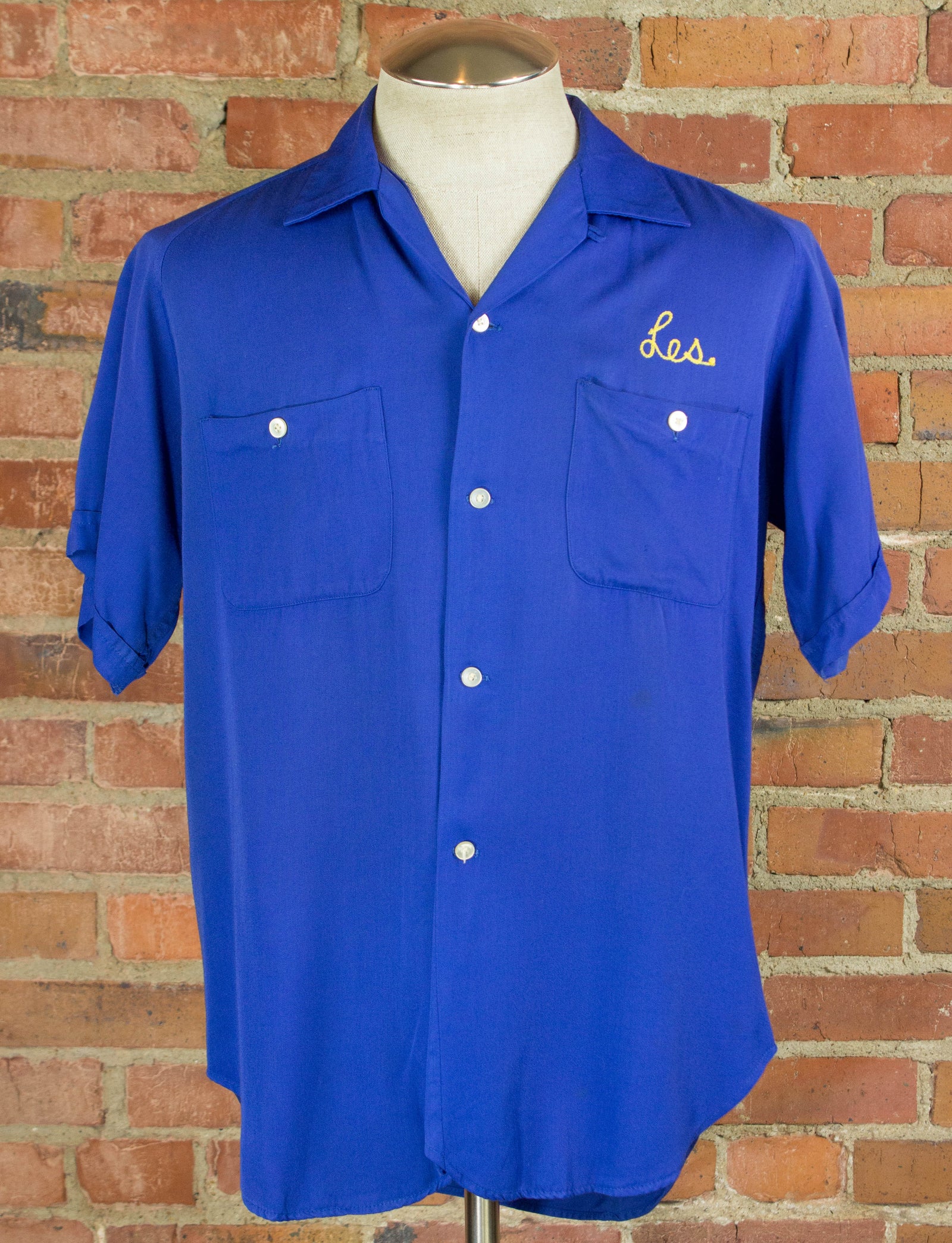 Vintage 50s Val-Lor Supply Corp "Les-Ben" Blue Chainstitched Loop Collar Rayon Bowling Shirt Unisex Medium-Large