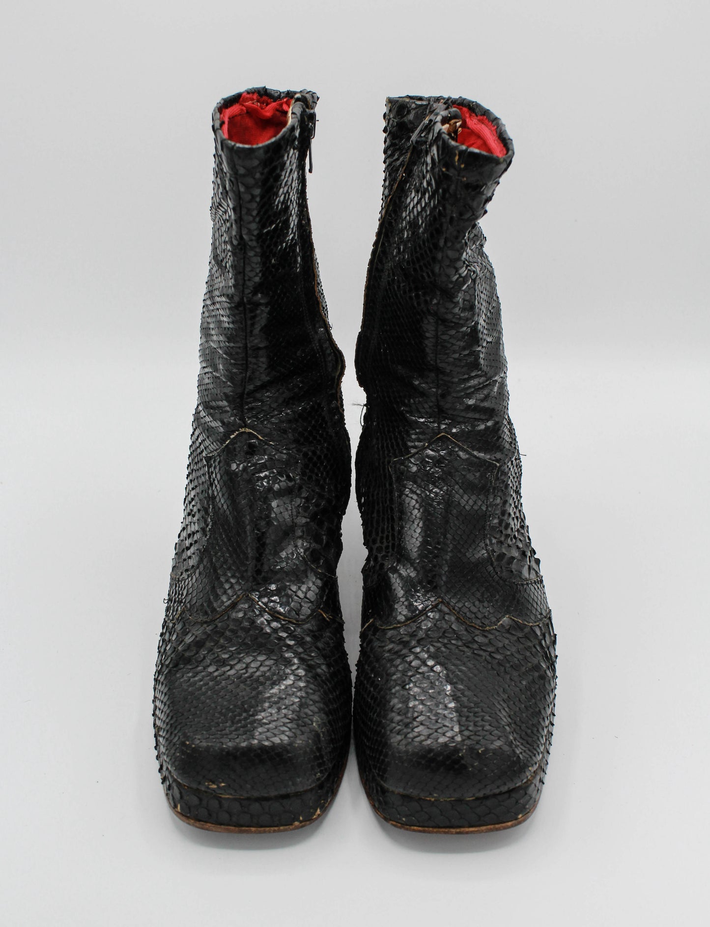 Vintage Late 60's Early 70's Granny Takes A Trip Black Snakeskin Platform Boots - M8.5/W10.5