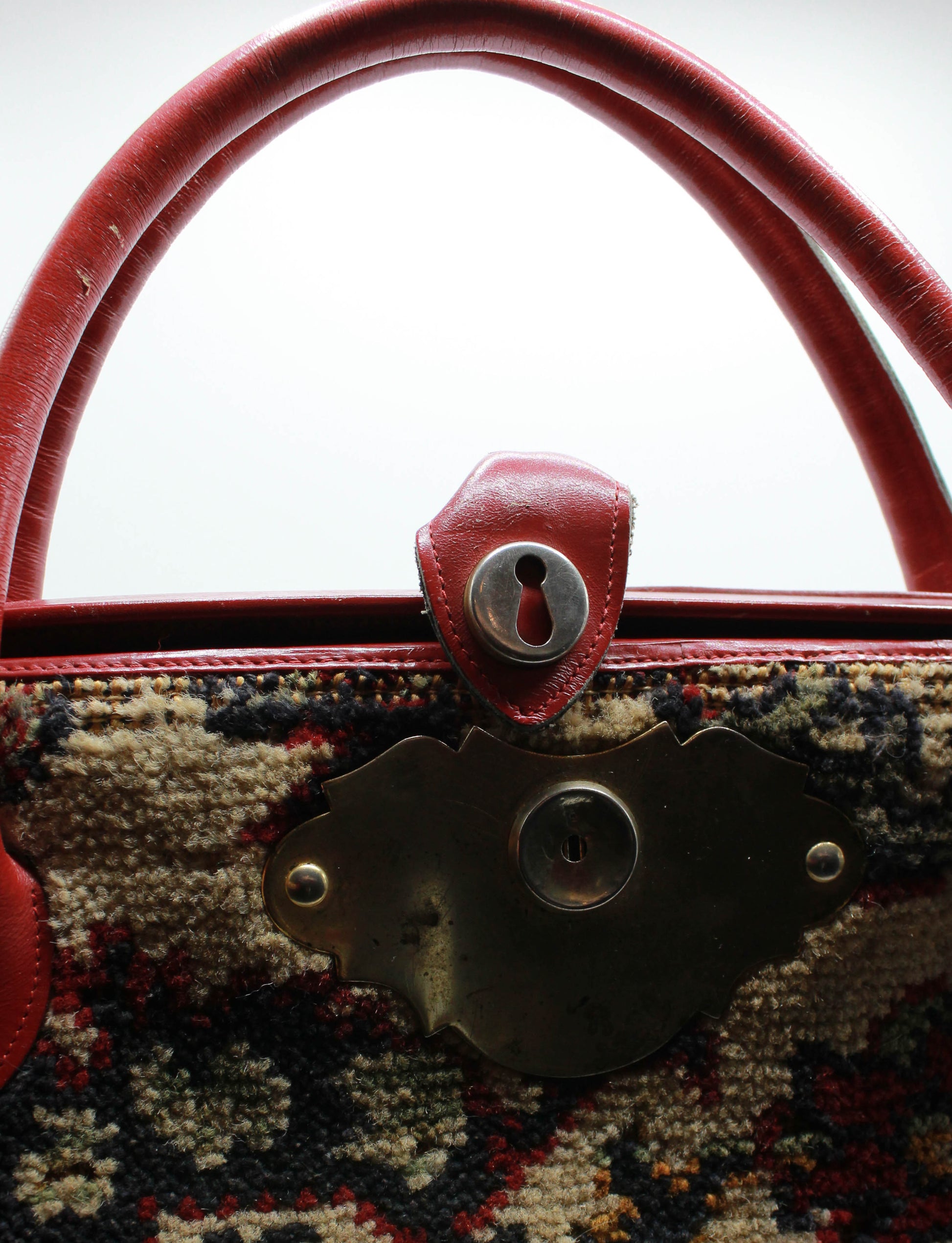 Vintage 60's Floral Carpet Bag Purse Red Leather Trim