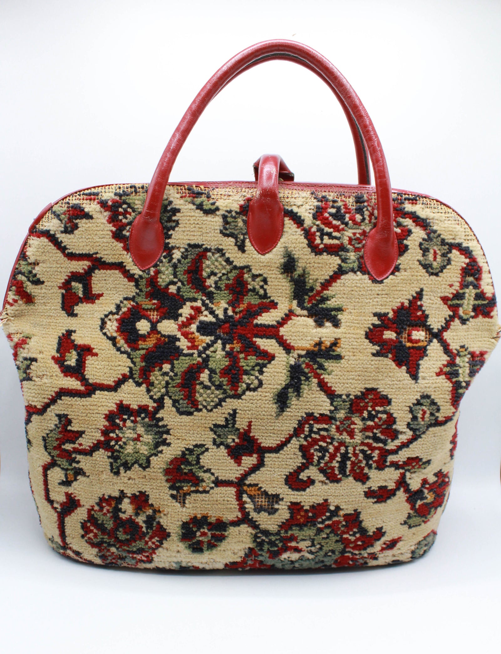 Vintage 60's Floral Carpet Bag Purse Red Leather Trim – Black Shag Vintage