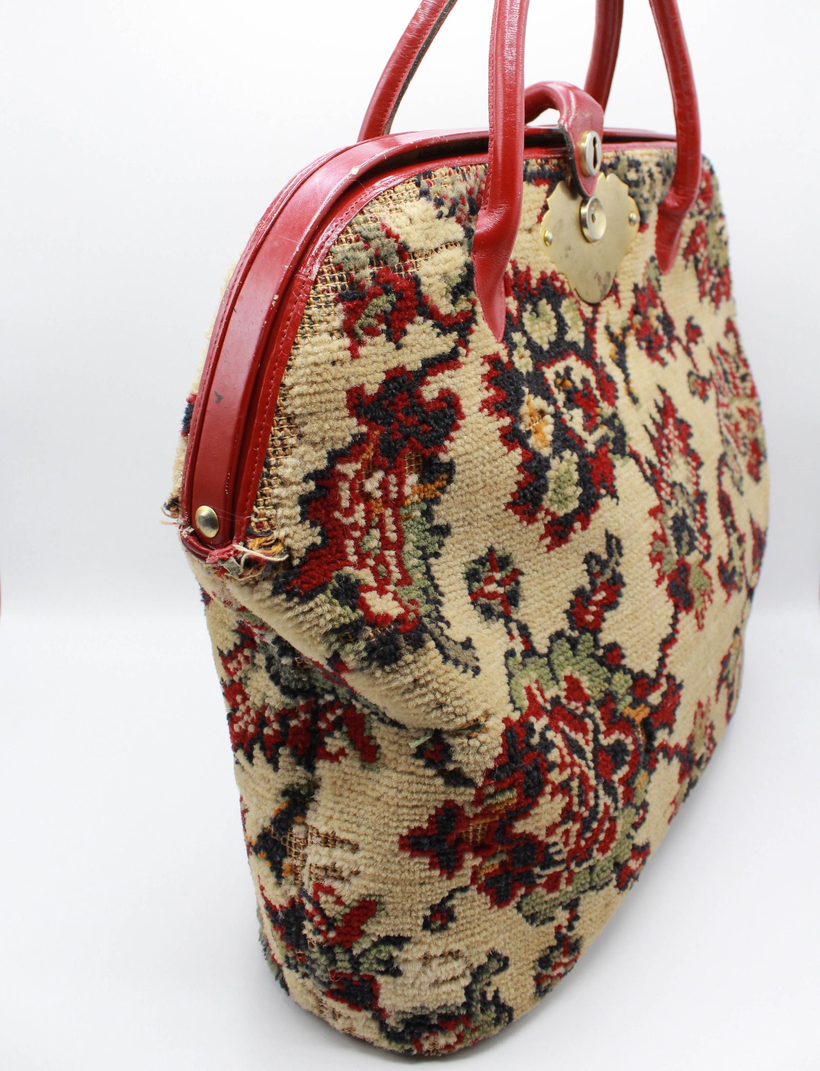 Vintage 60's Floral Carpet Bag Purse Red Leather Trim