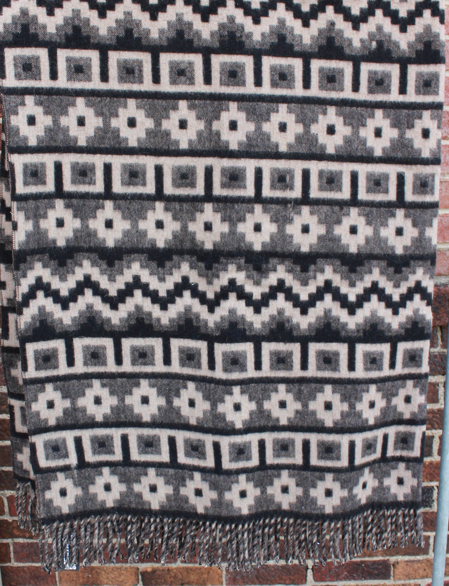 Vintage 60's Marangani Peruvian Alpaca Throw Blanket Grey Black Wool Aztec Print 67" x 52"