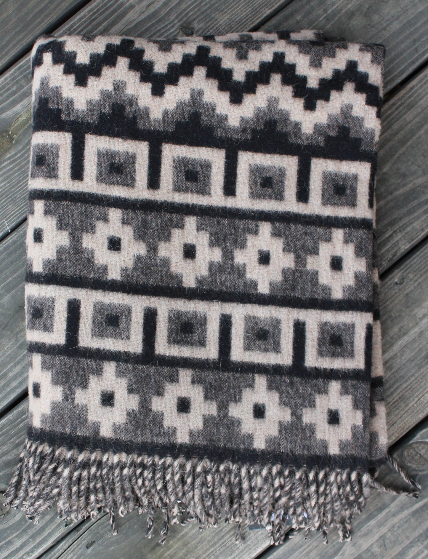Vintage 60's Marangani Peruvian Alpaca Throw Blanket Grey Black Wool Aztec Print 67" x 52"