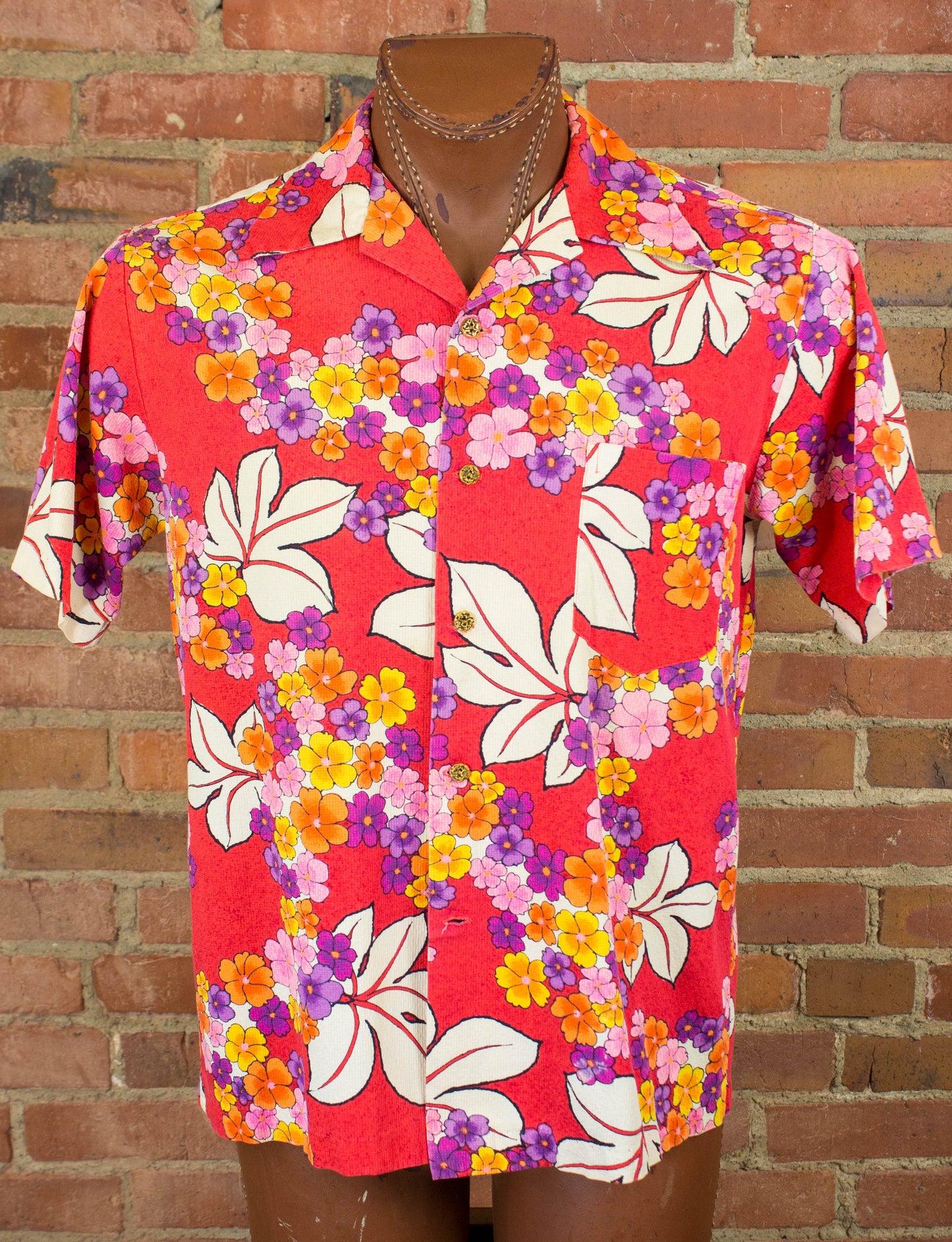 Vintage 60s Da Kine Red Floral Hawaiian Shirt Unisex Medium