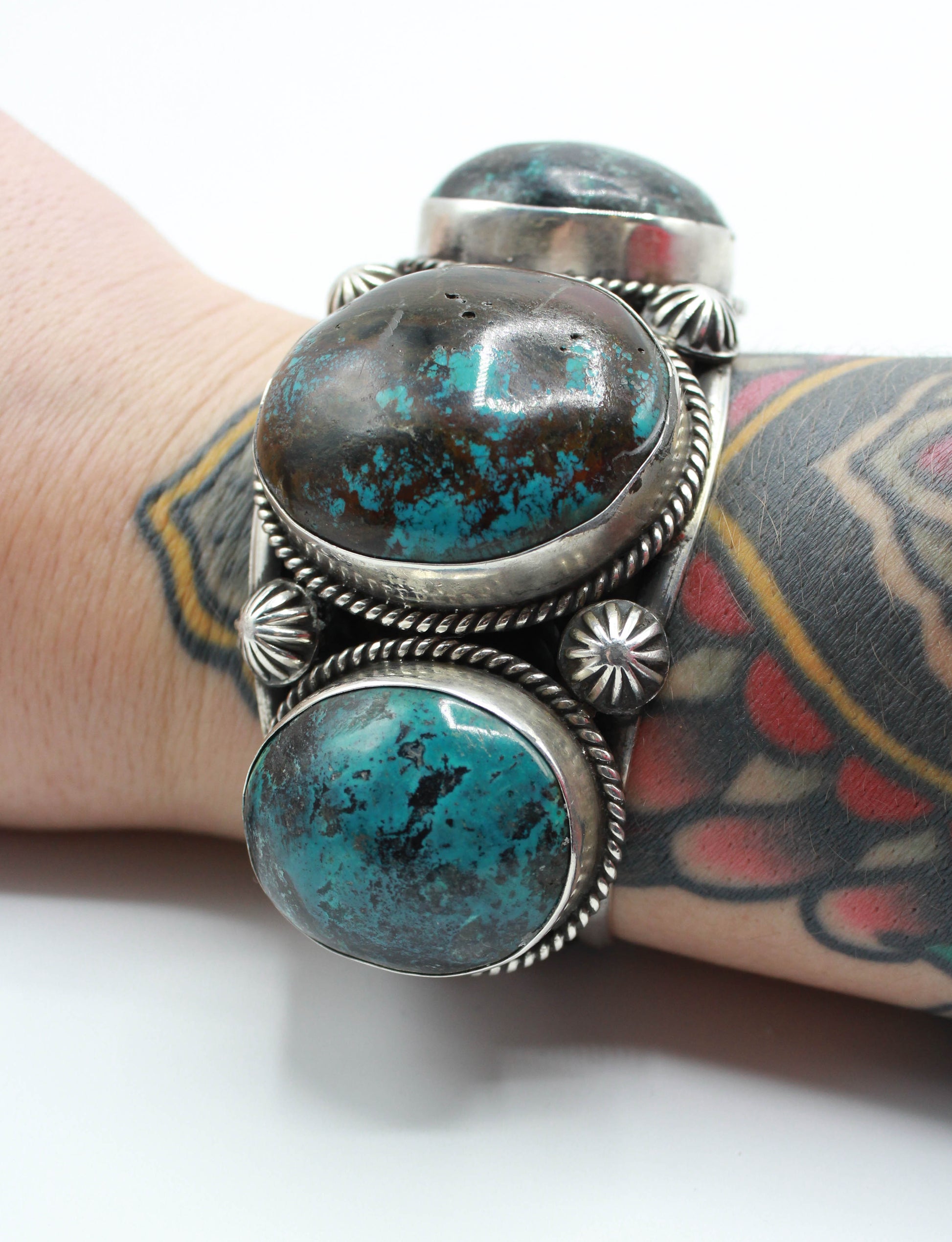 Vintage 70's Bisbee Blue Triple Stone Turquoise Cuff Sterling Silver Engraved 