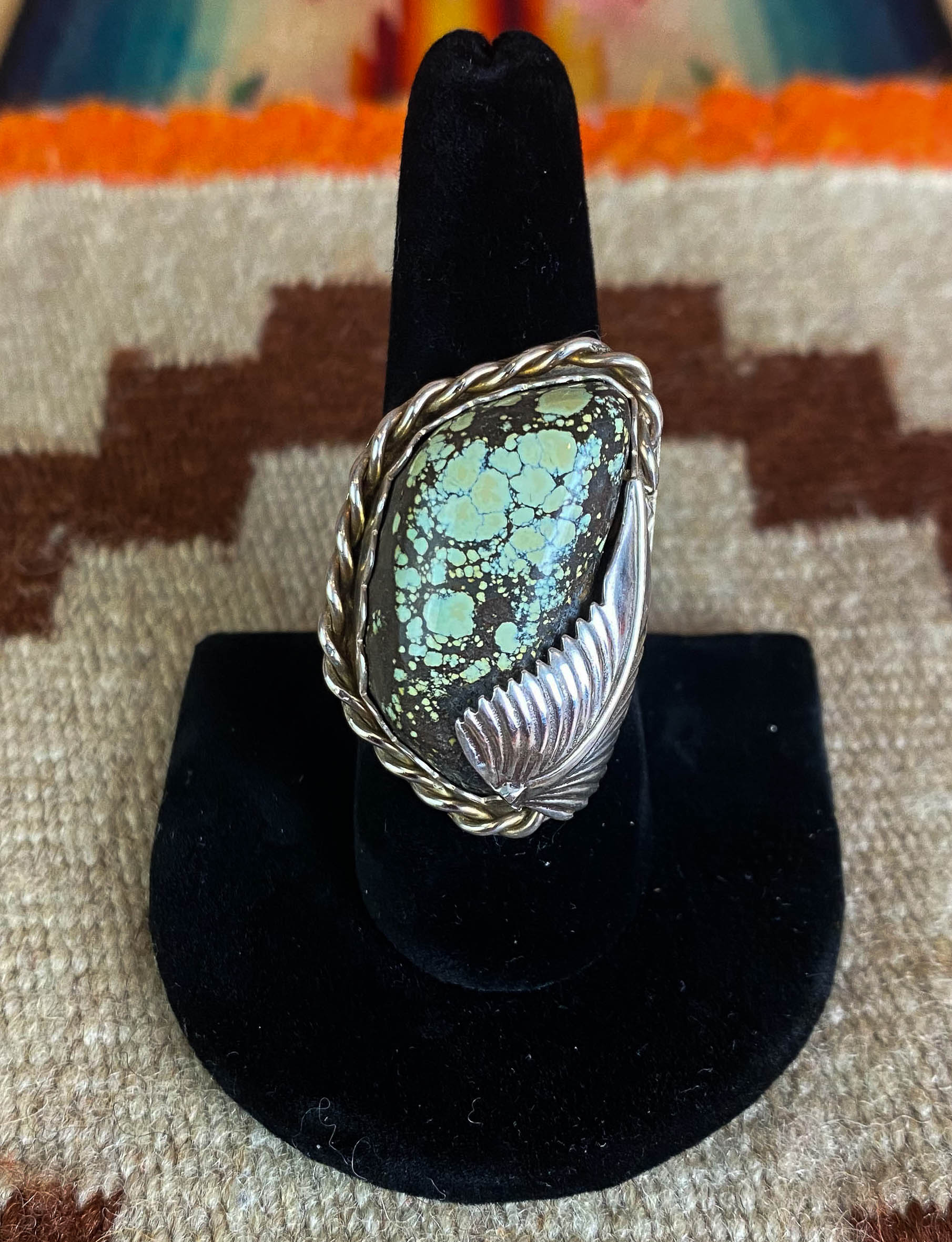 Vintage 70's Speckled Green Turquoise Ring Sterling Silver Engraved Feather Size 9