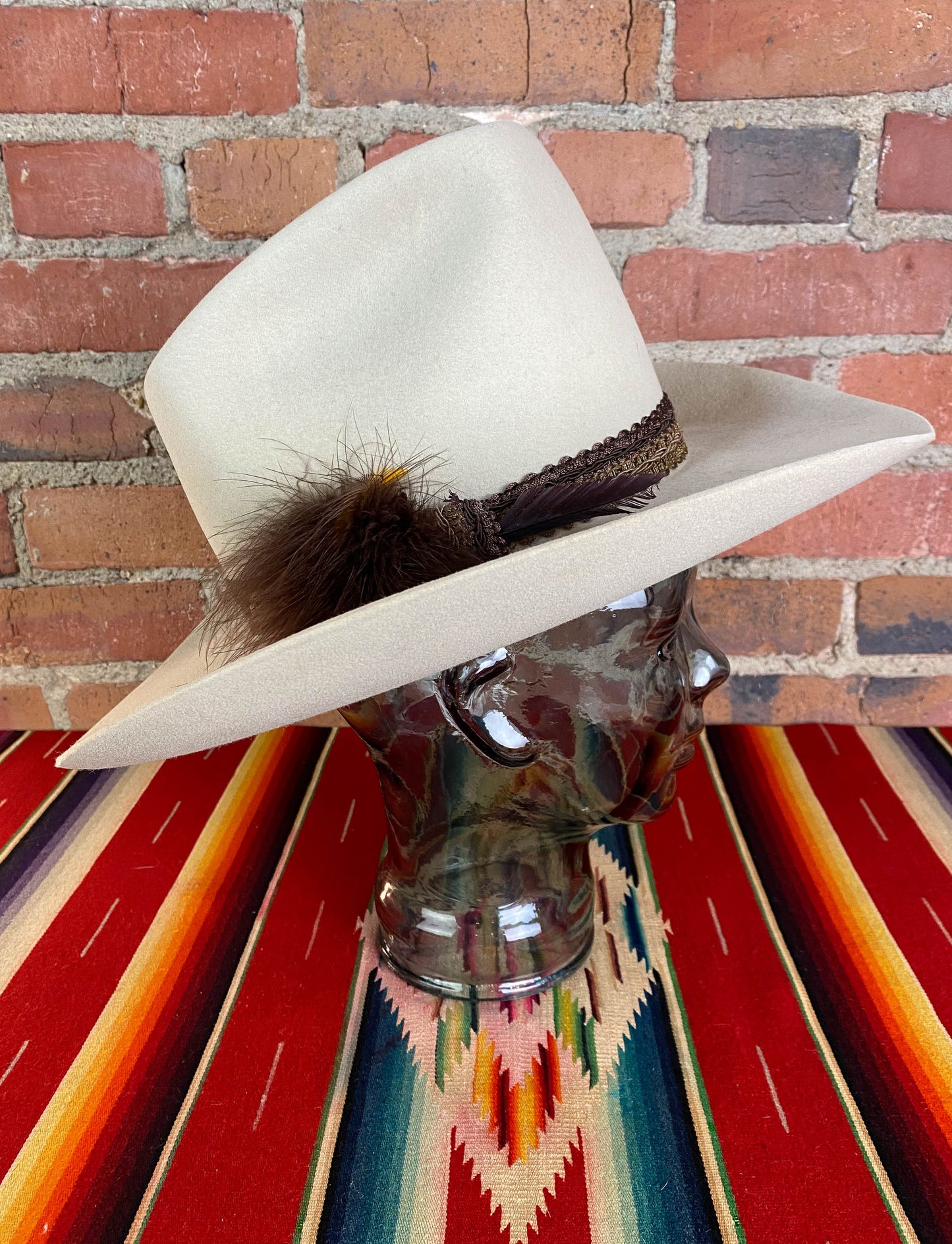Vintage 70's Stetson 5X Beaver Cowboy Hat Tan Felt Feather Band Size 7-Medium
