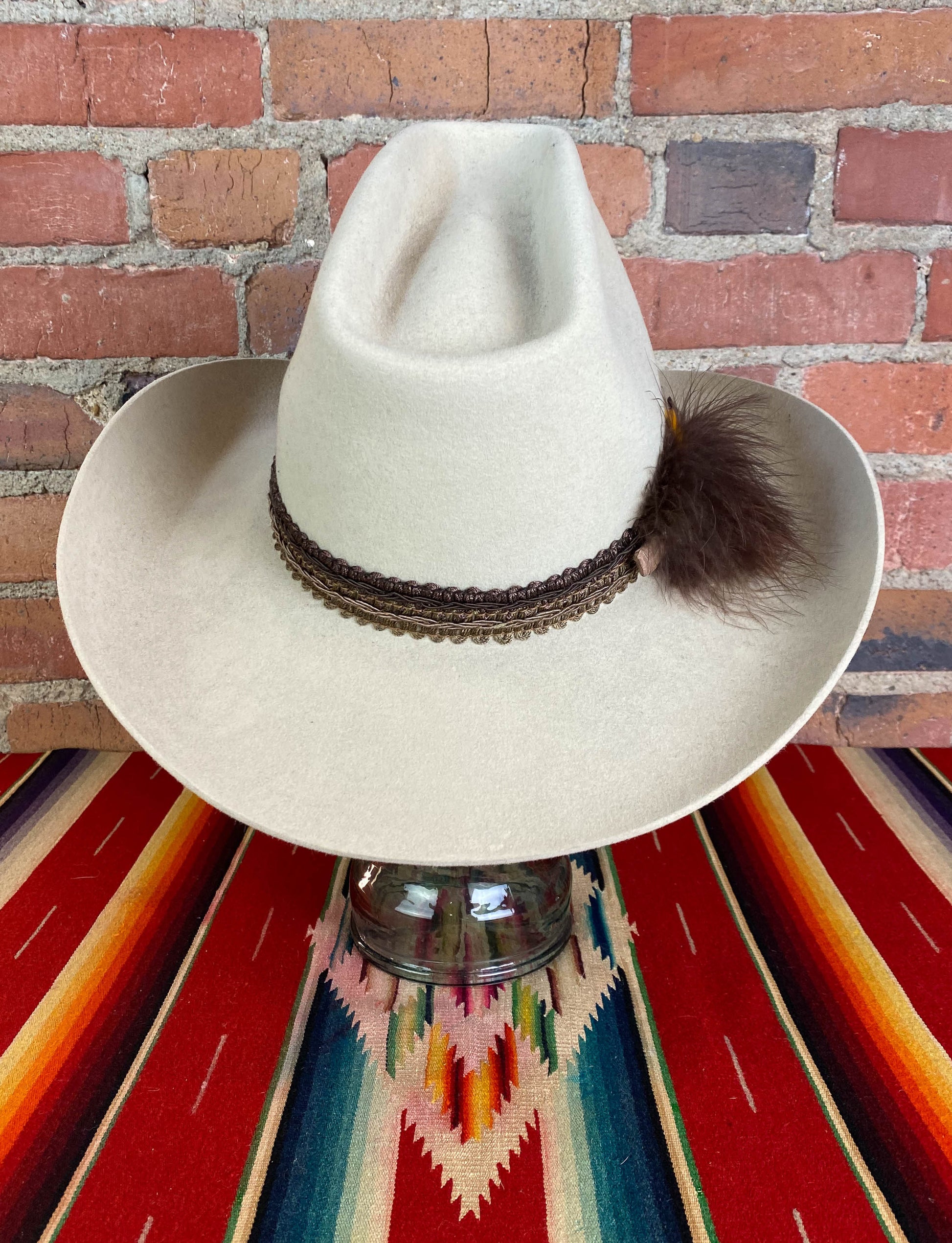 Vintage 70's Stetson 5X Beaver Cowboy Hat Tan Felt Feather Band Size 7-Medium