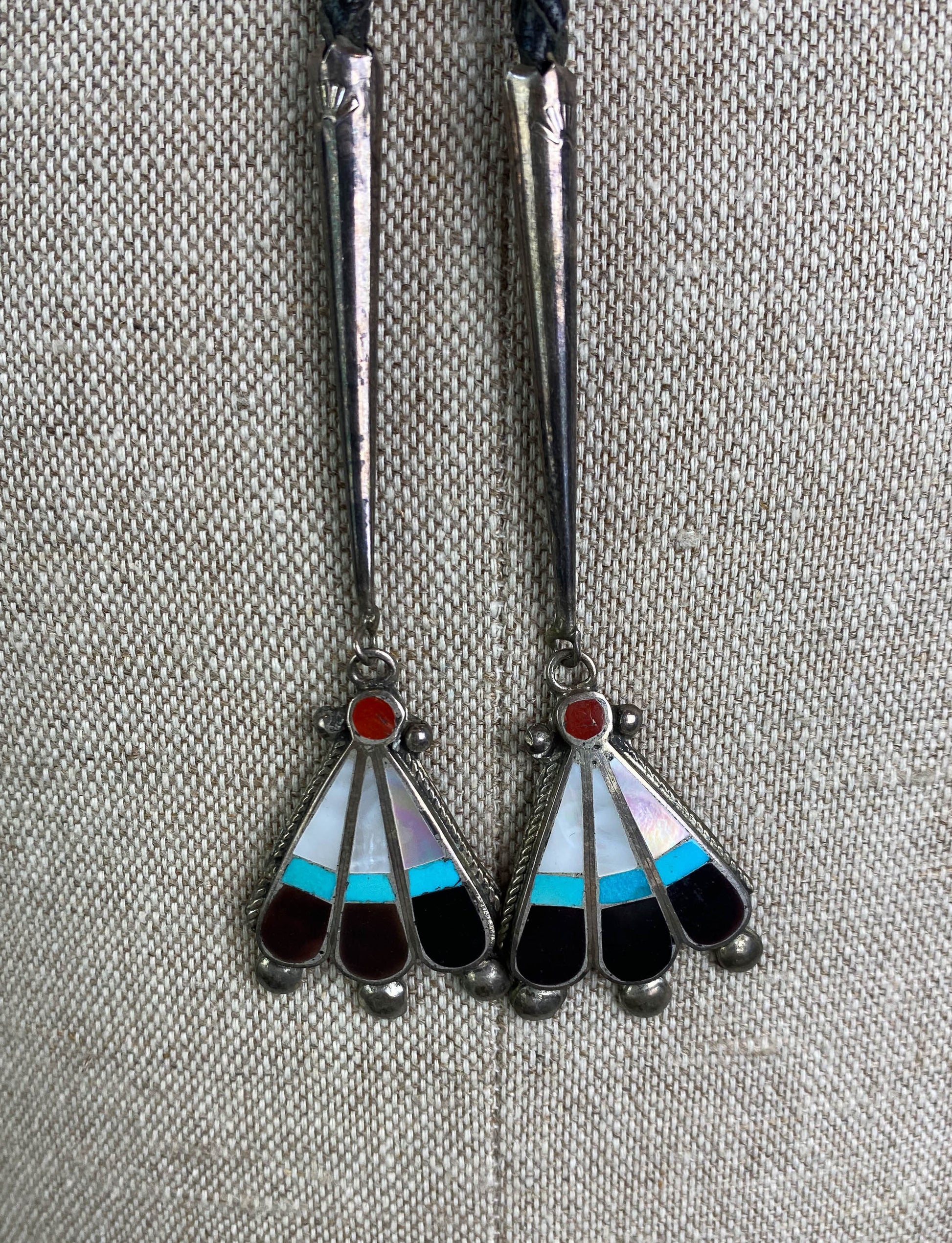 Vintage 70's Zuni Inlay Sunface Bolo Tie Sterling Silver Turquoise Coral Mother of Pearl Braided Black Leather Unisex