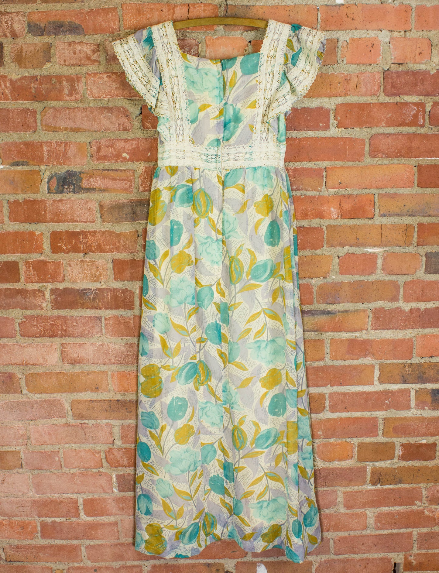 Vintage 70s California Charmer Lace Floral Pattern Maxi Dress Size Small