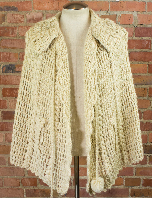 Vintage 70s Crocheted Cream Knit Shawl Poncho With Pom Poms Free Size