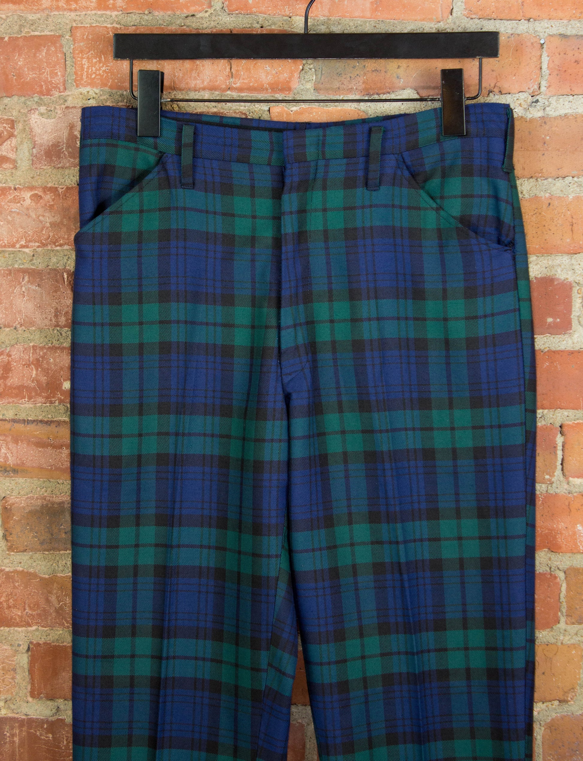 Vintage 70s Galey and Lord Green and Blue Plaid Slacks Size 30x32