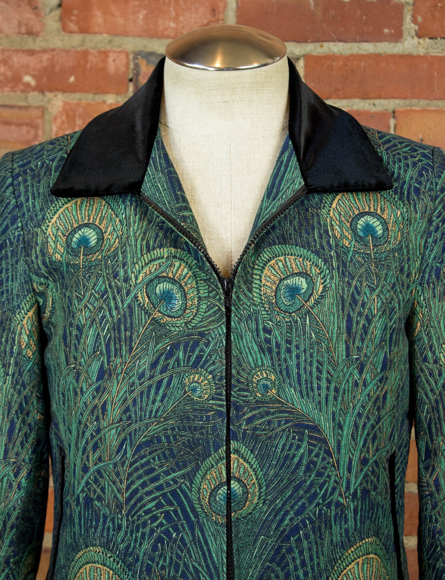 Vintage 70s Granny Takes a Trip Peacock Jacket with Black Velour Accents Small