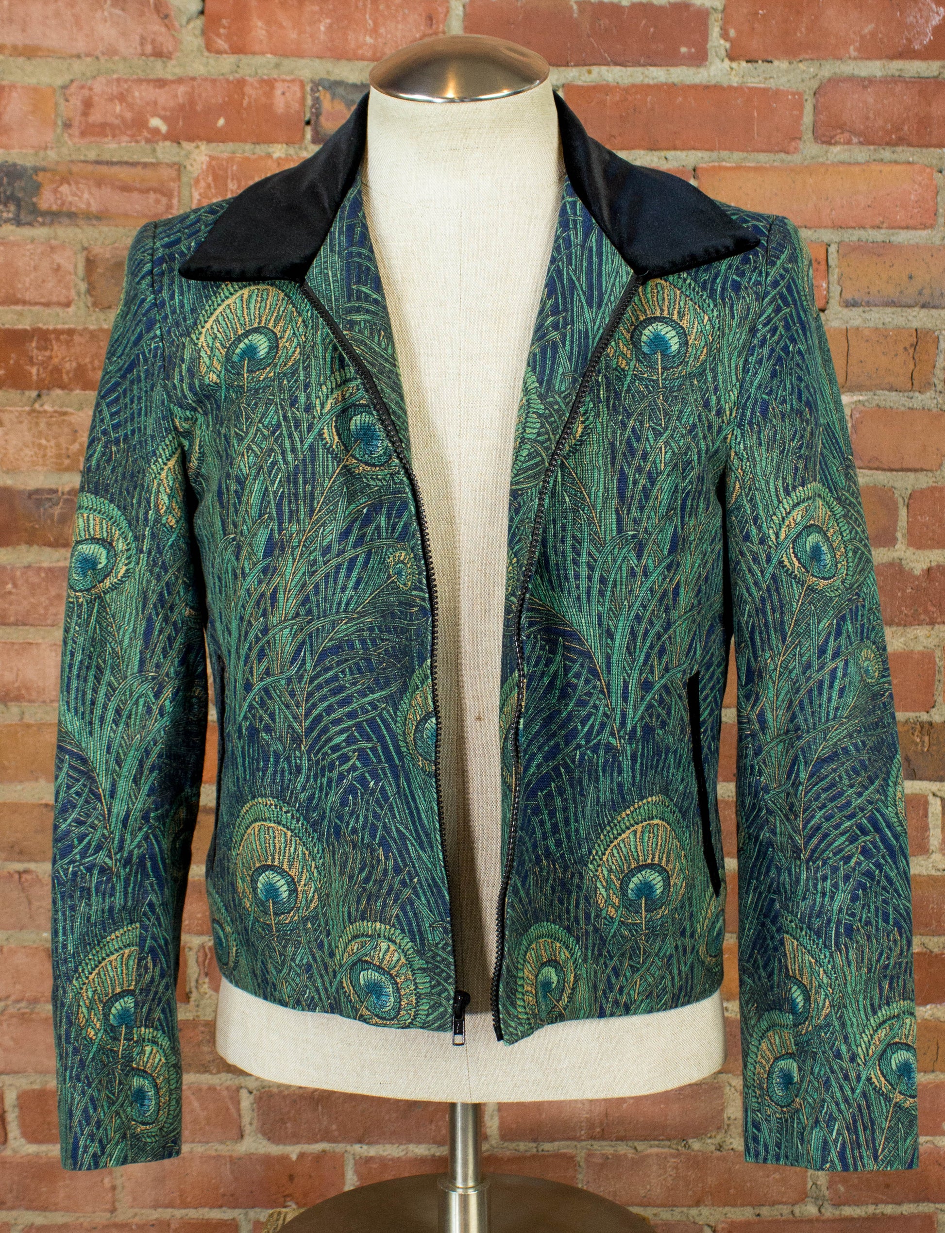 Vintage 70s Granny Takes a Trip Peacock Jacket with Black Velour Accents Small