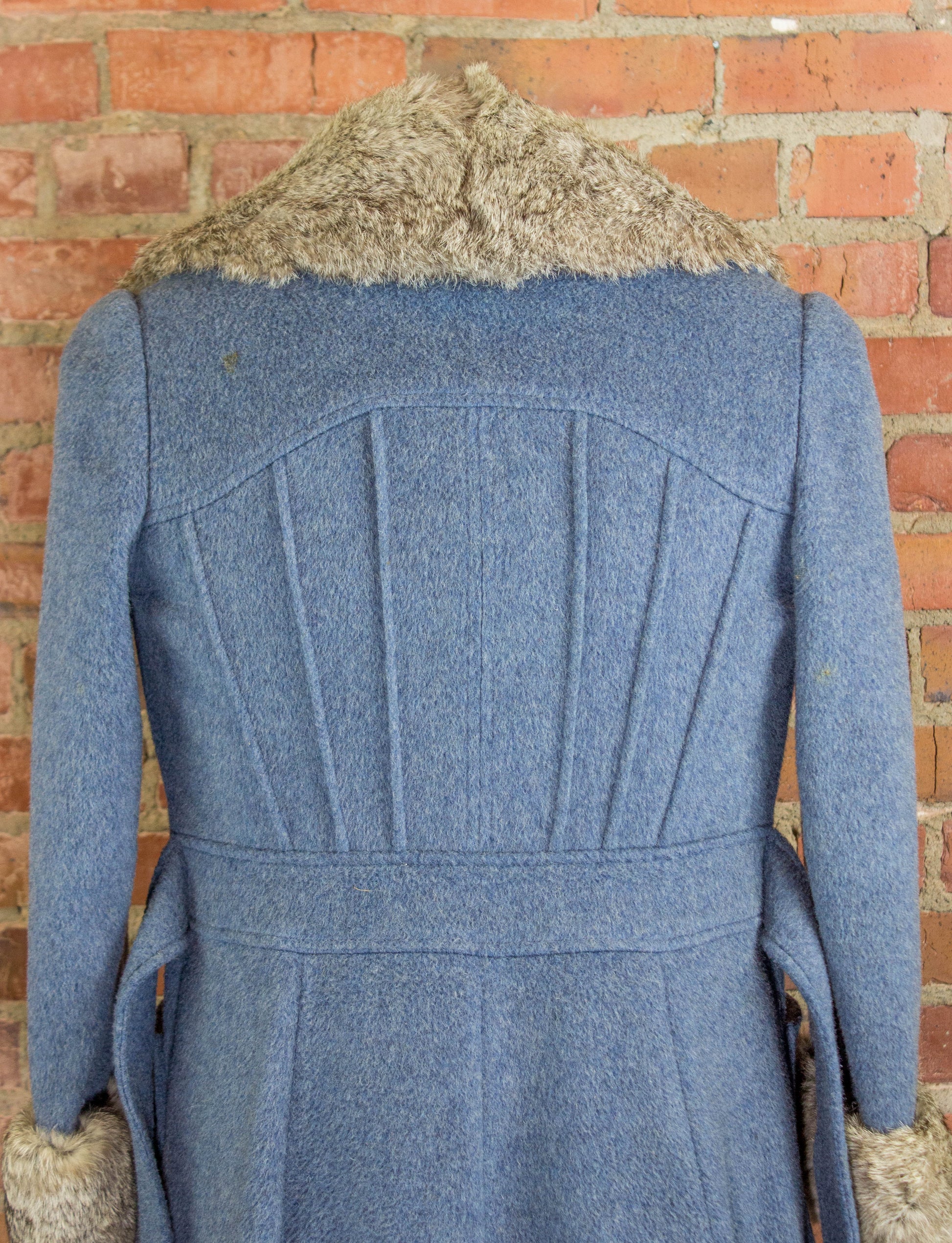 Vintage 70s Gus Mayer Light Blue Wool Penny Lane Coat With Fur Collar Size Small
