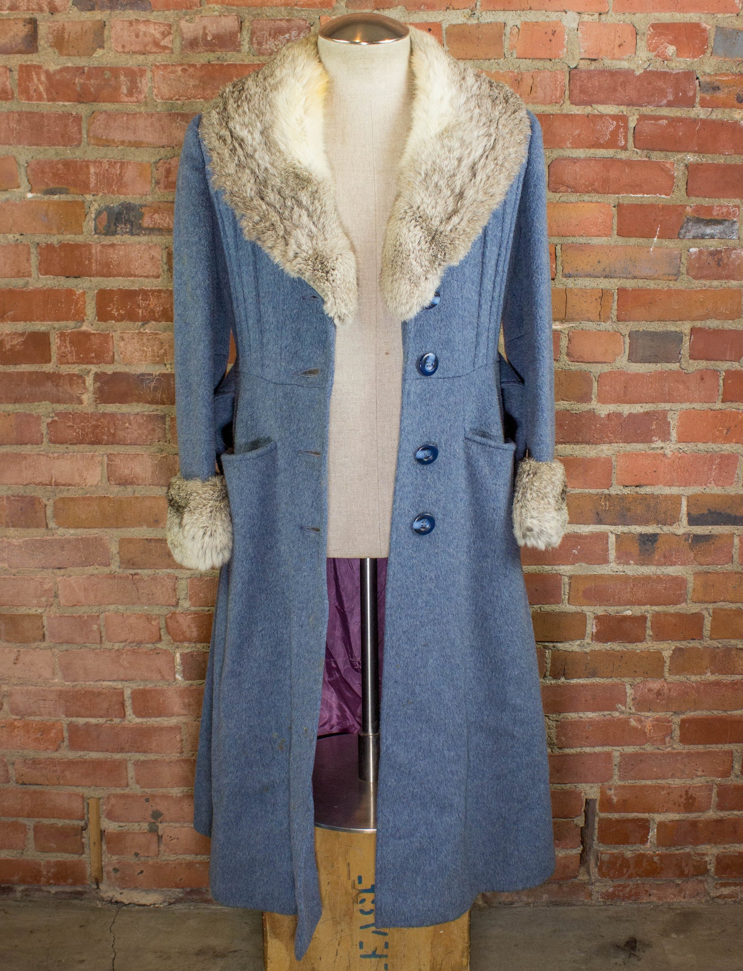 Vintage 70s Gus Mayer Light Blue Wool Penny Lane Coat With Fur Collar Size Small