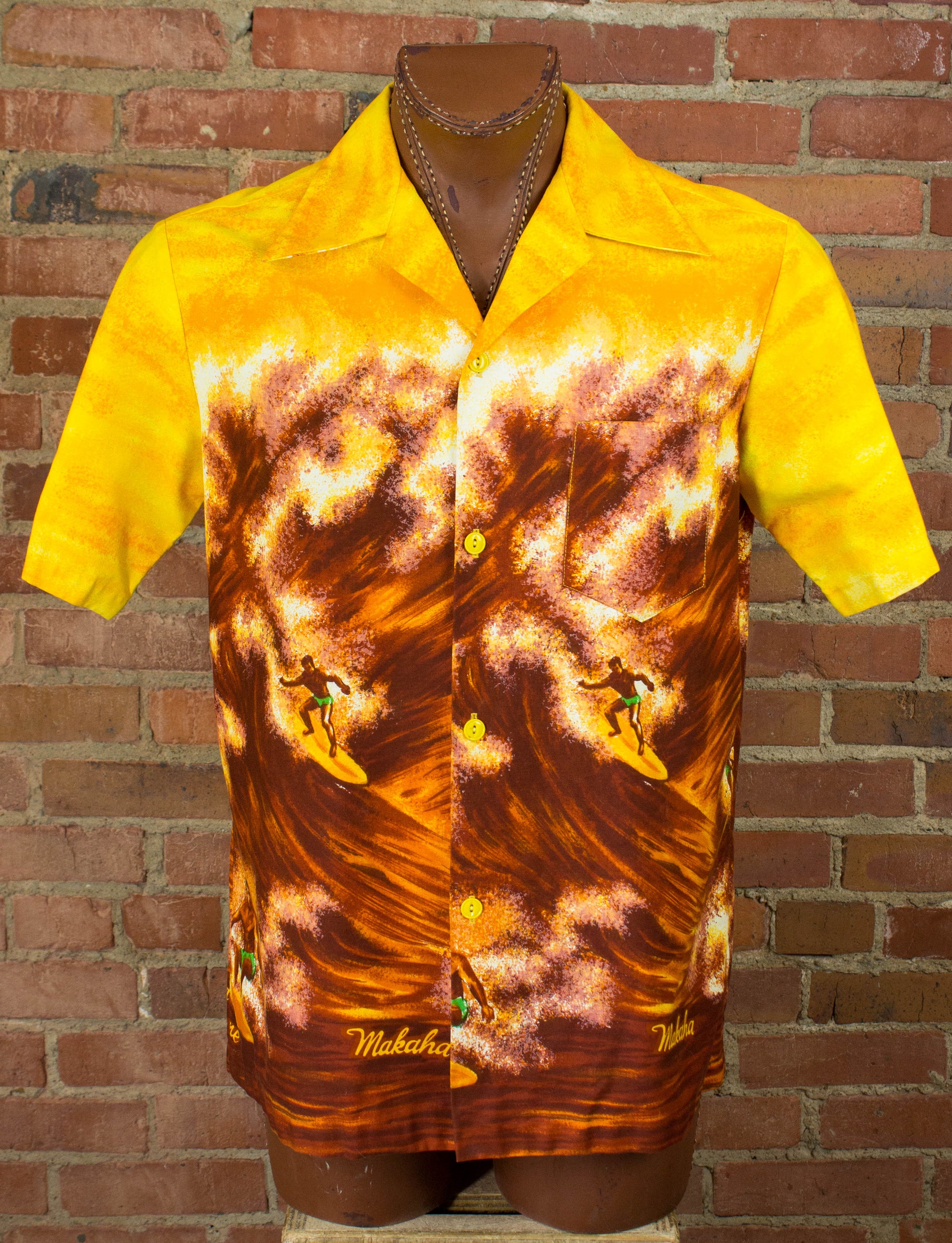 Vintage 70s Makaha Pipeline Surfing Yellow and Brown Hawaiian Shirt Unisex Large