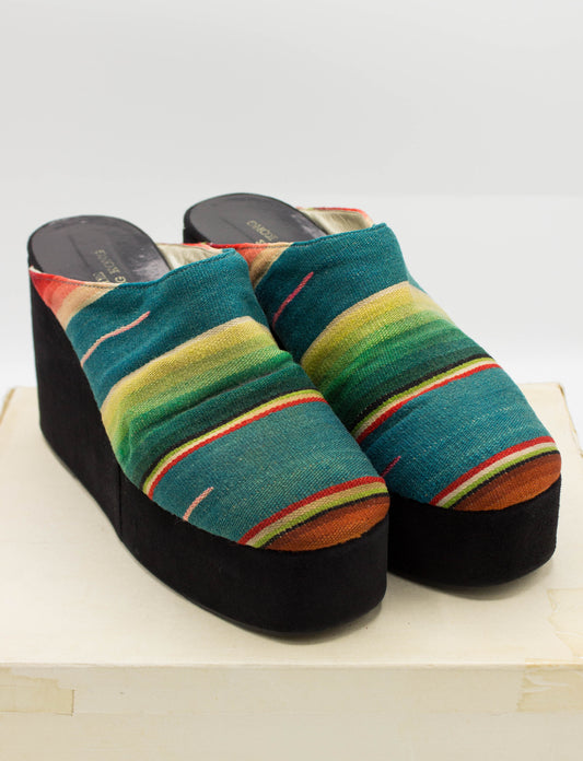 Vintage 70s Multicolor Serape Wedges Size 6