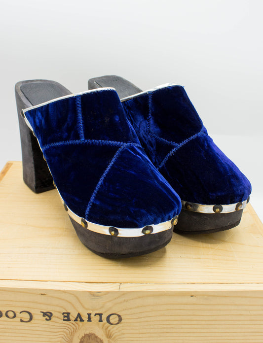 Vintage 70s NOS Blue Velvet Platform Clogs Size 7.5