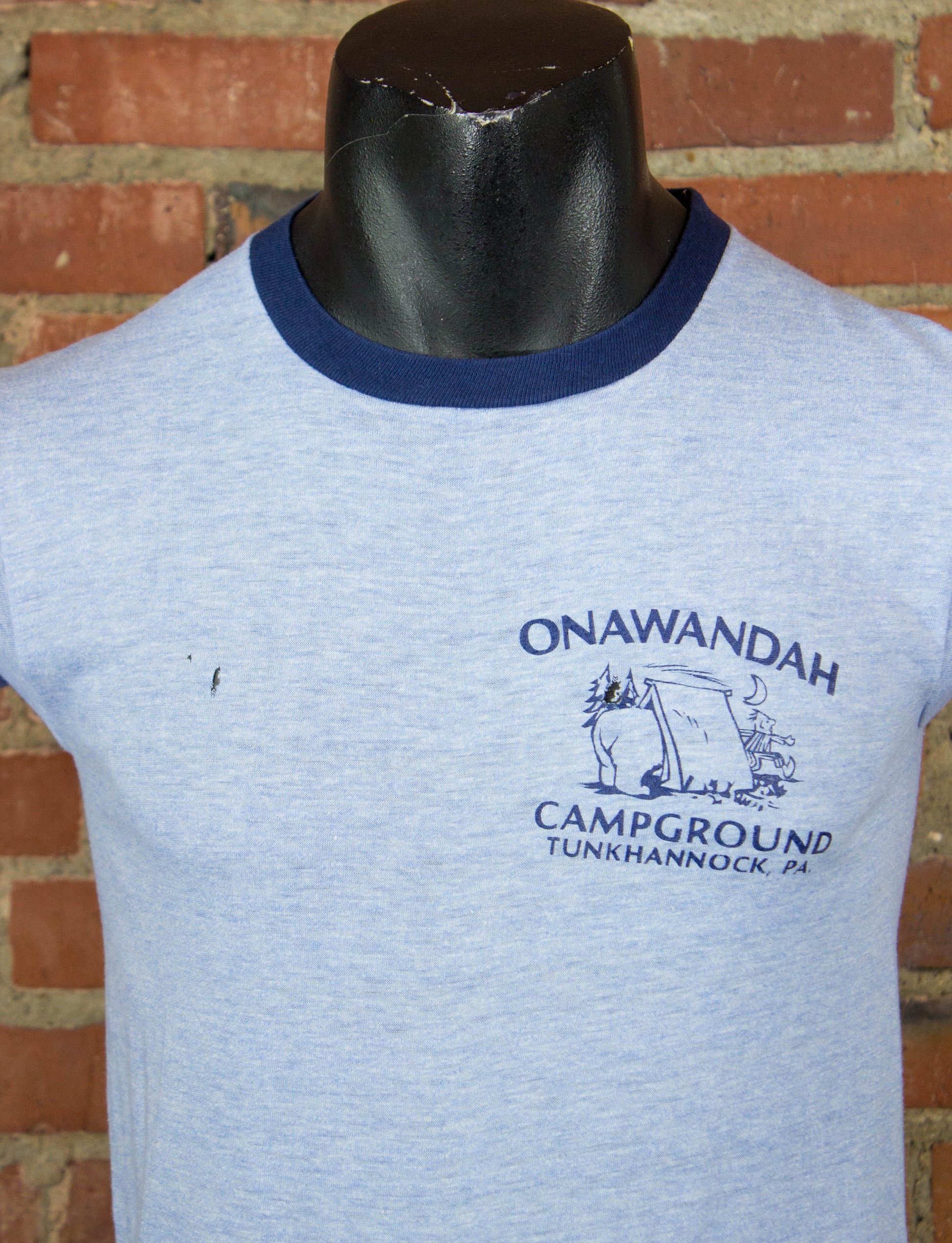 Vintage 70s Onawandah Campground Tunkhannock Pennsylvania Blue Ringer Graphic T Shirt Unisex Small