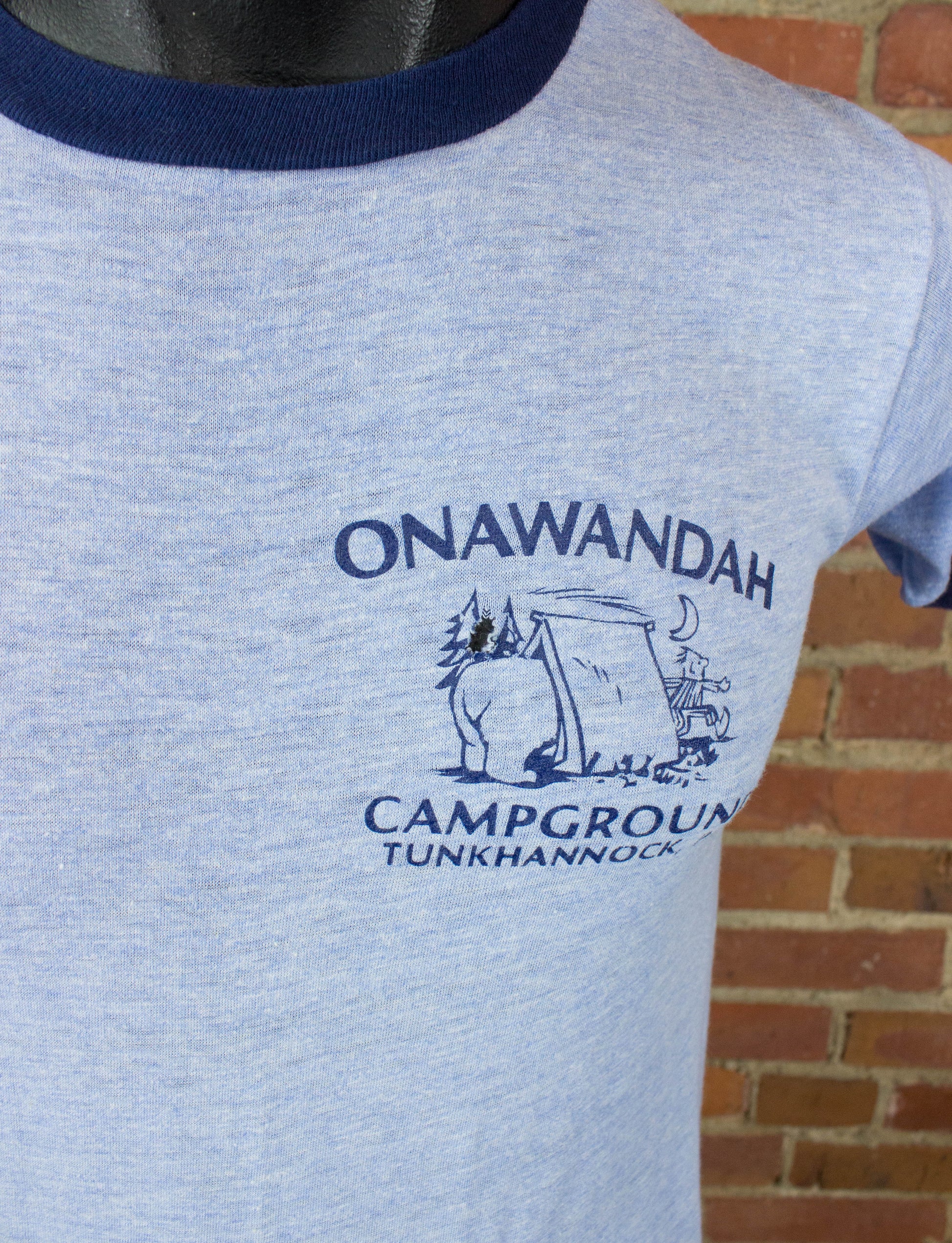 Vintage 70s Onawandah Campground Tunkhannock Pennsylvania Blue Ringer Graphic T Shirt Unisex Small