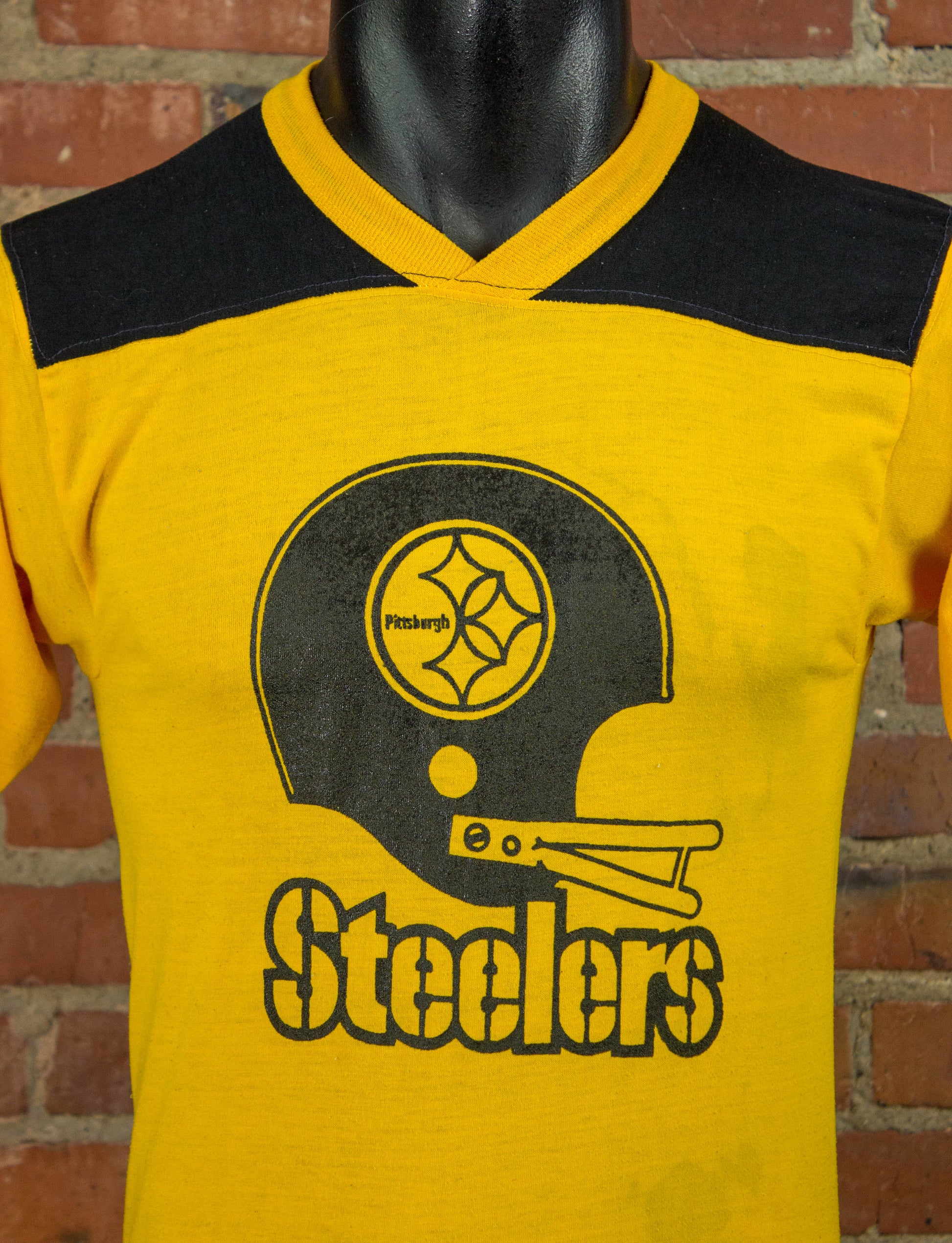 Vintage 70s Pittsburgh Steelers Black and Yellow Football Jersey Style Graphic T Shirt Unisex Small
