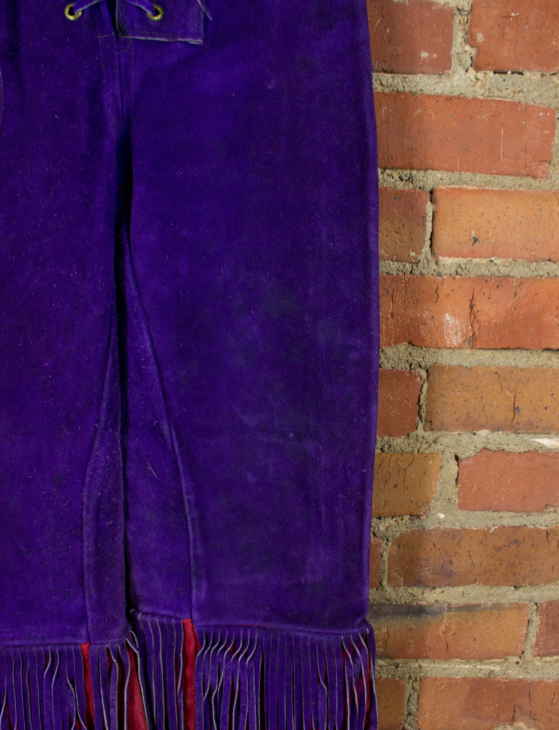Vintage 70s Suede Front Lacing Fringe Purple and Red Bellbottom Pants Unisex 26/28x29