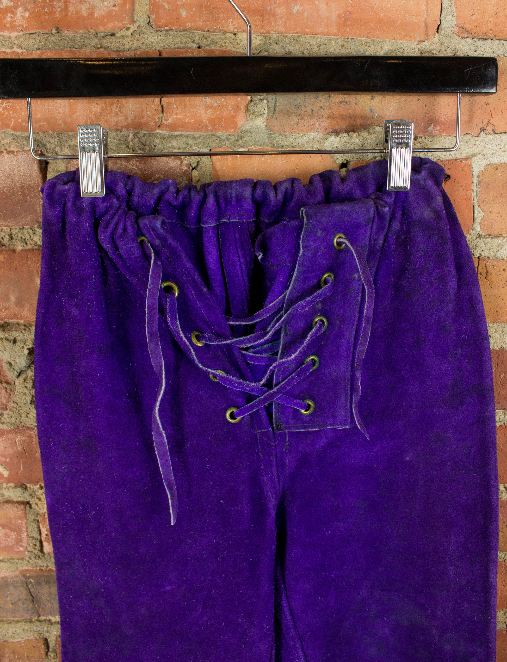 Vintage 70s Suede Front Lacing Fringe Purple and Red Bellbottom Pants Unisex 26/28x29