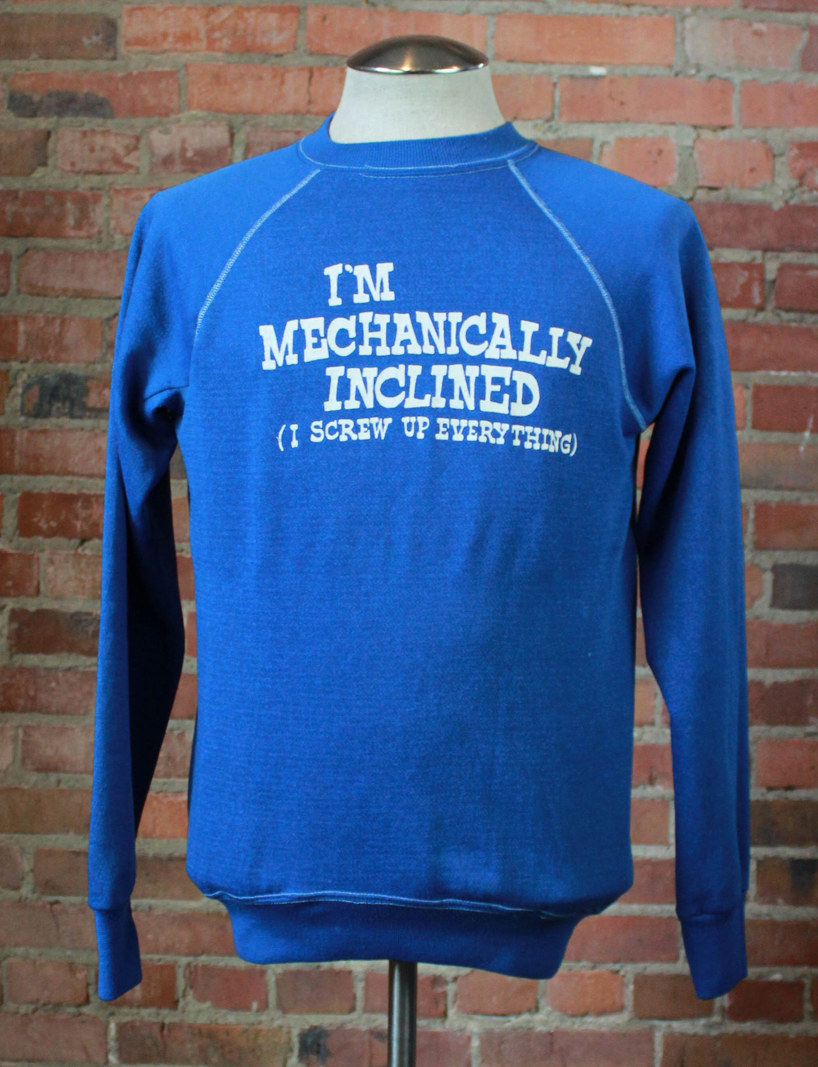 Vintage 80's I'm Mechanically Inclined Graphic Sweatshirt Crewneck Pullover Blue Unisex Medium 