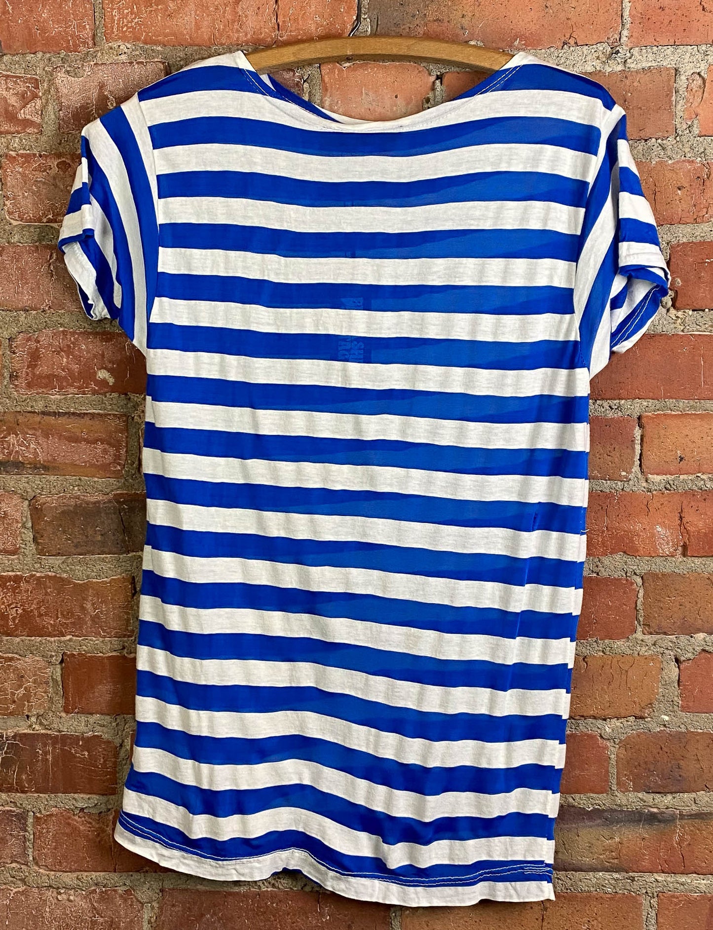 Vintage 80's Kennsington Blue Graphic T Shirt Rayon Striped White Blue Unisex Small