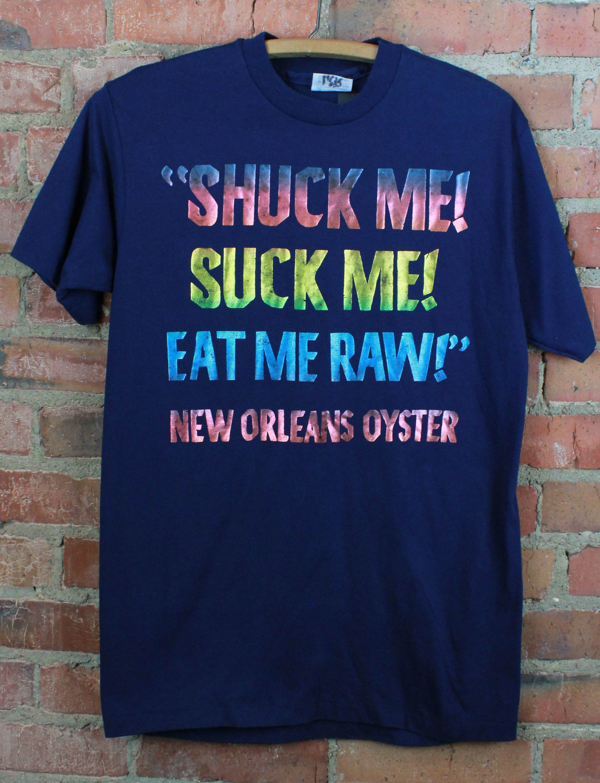 Vintage 80's New Orleans Oyster Graphic T Shirt Holographic Navy Blue Unisex Medium