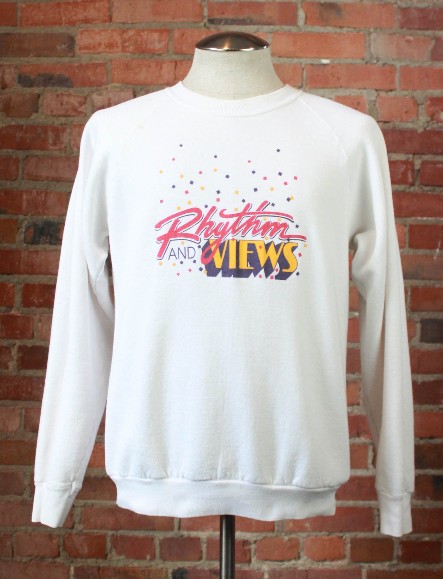 Vintage 80's Rhythm And Views Graphic Sweatshirt Crewneck Pullover White Unisex Medium/Large