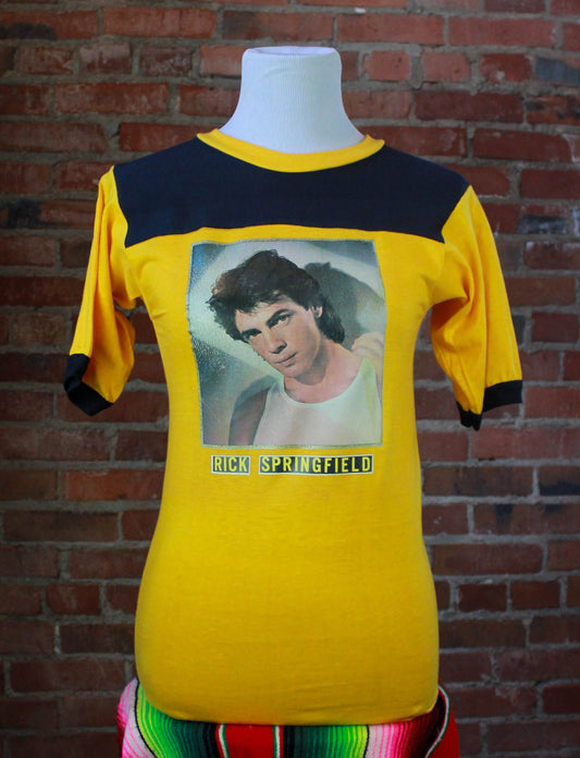 Vintage 80's Rick Springfield Graphic T Shirt Ringer Tee Dead Stock Iron On Transfer Yellow Unisex Small/XS