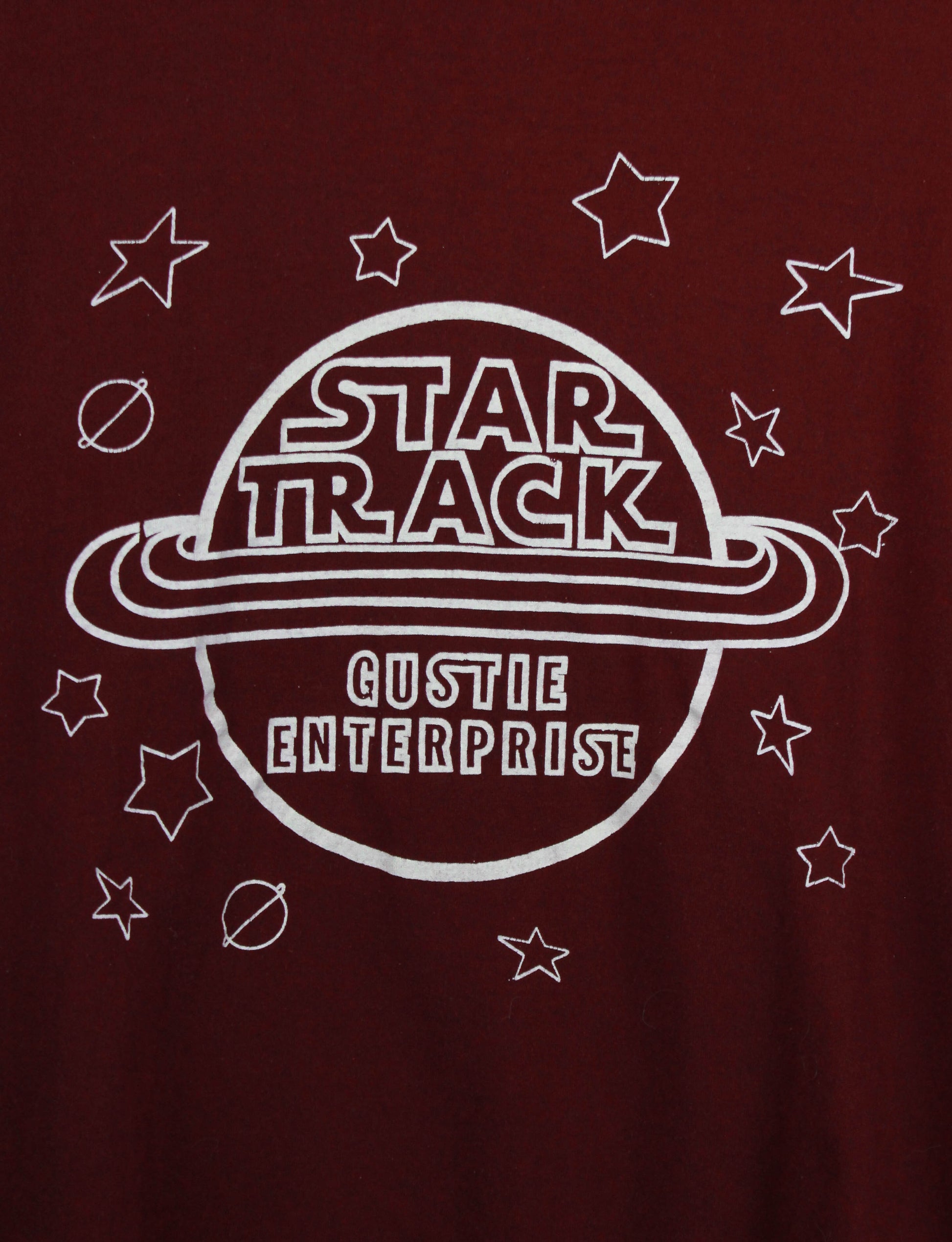 Vintage 80's Star Track Graphic T Shirt Gustie Enterprise Burgundy Unisex Medium